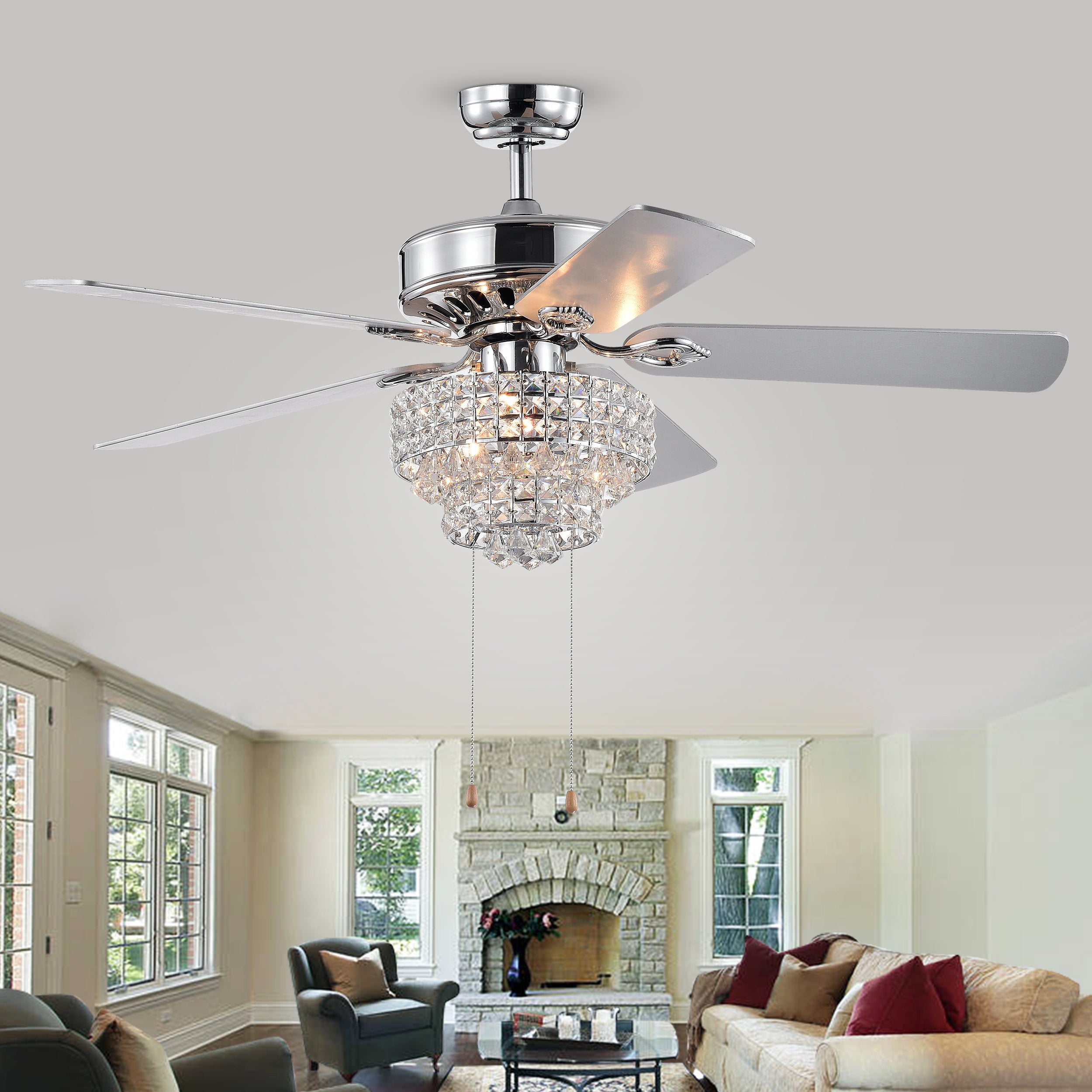 Bryanya 5-blade 52-inch Chrome Lighted Ceiling Fans with Crystal Shade