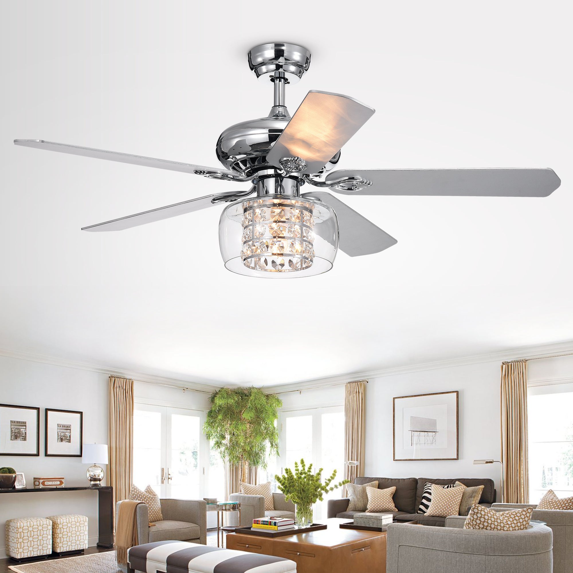 Cayten 5-Blade 52-Inch Chrome Lighted Ceiling Fans with Crystal Shade (Remote Controlled)