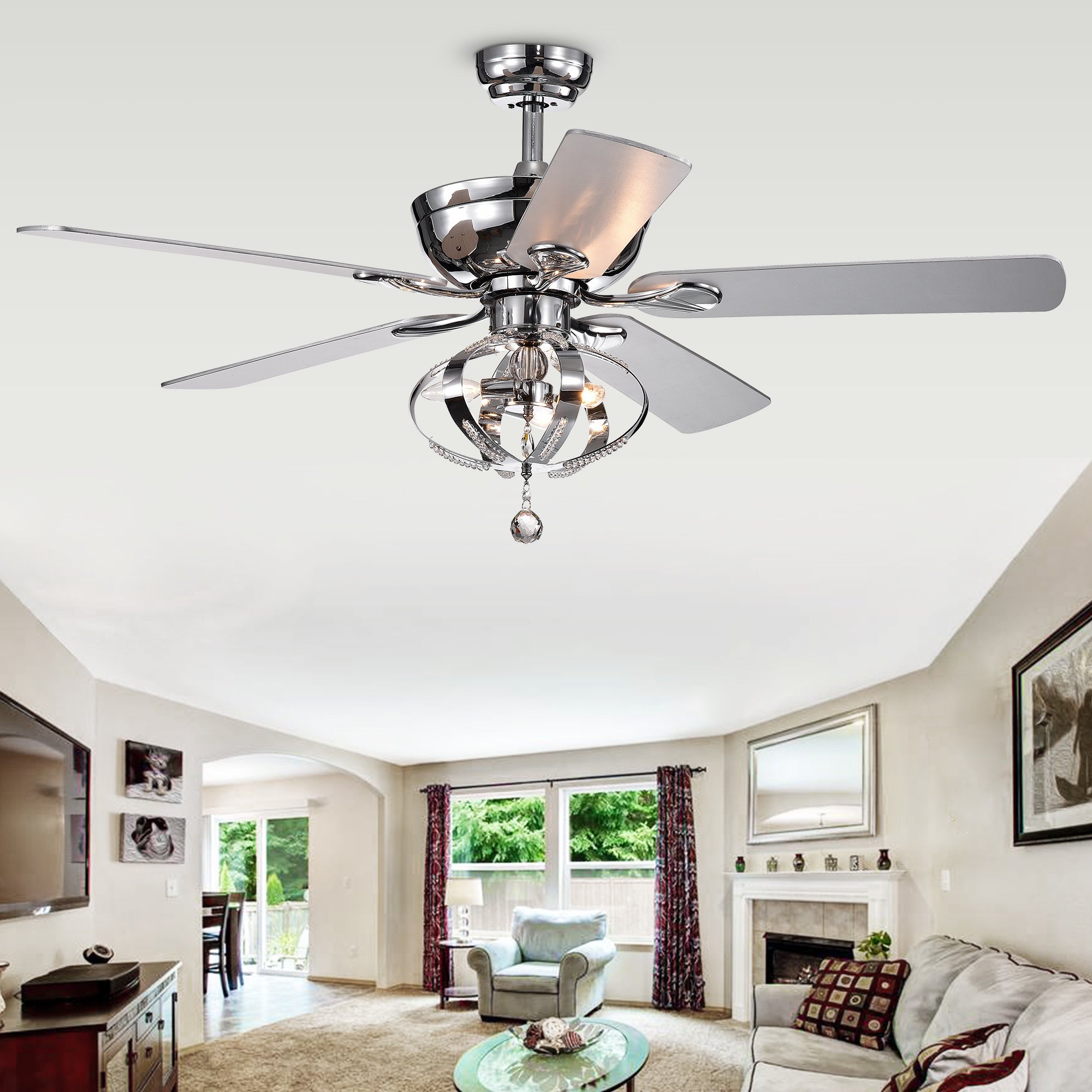 Tatiana 5-blade 52-inch Chrome Ceiling Fan with 3-Light Royal Chandelier