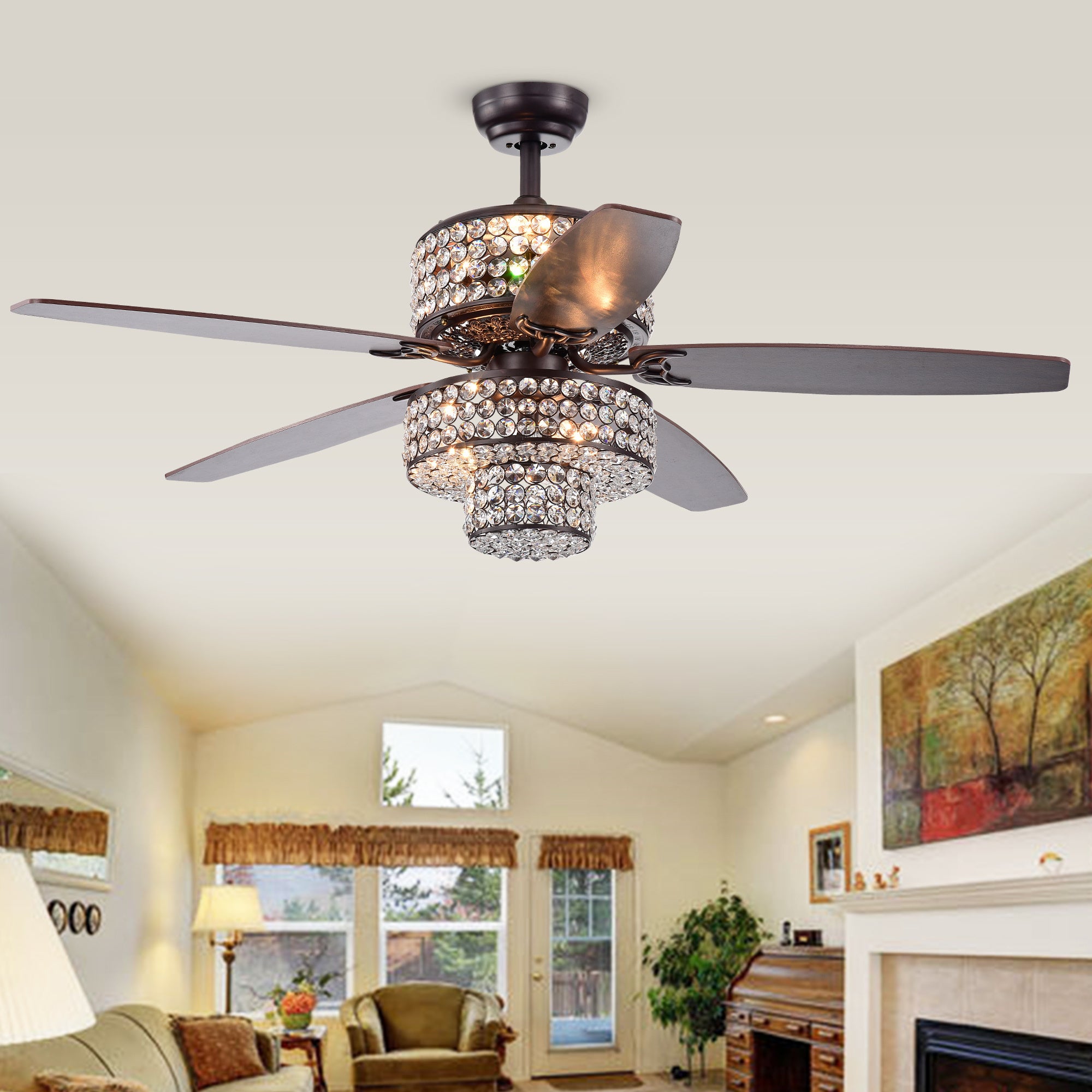 Tierna 5-Blade 52-Inch Rustic Bronze Lighted Ceiling Fans Two-Tiered Crystal Shade Optional Remote (incl 2 Color Option Blades)