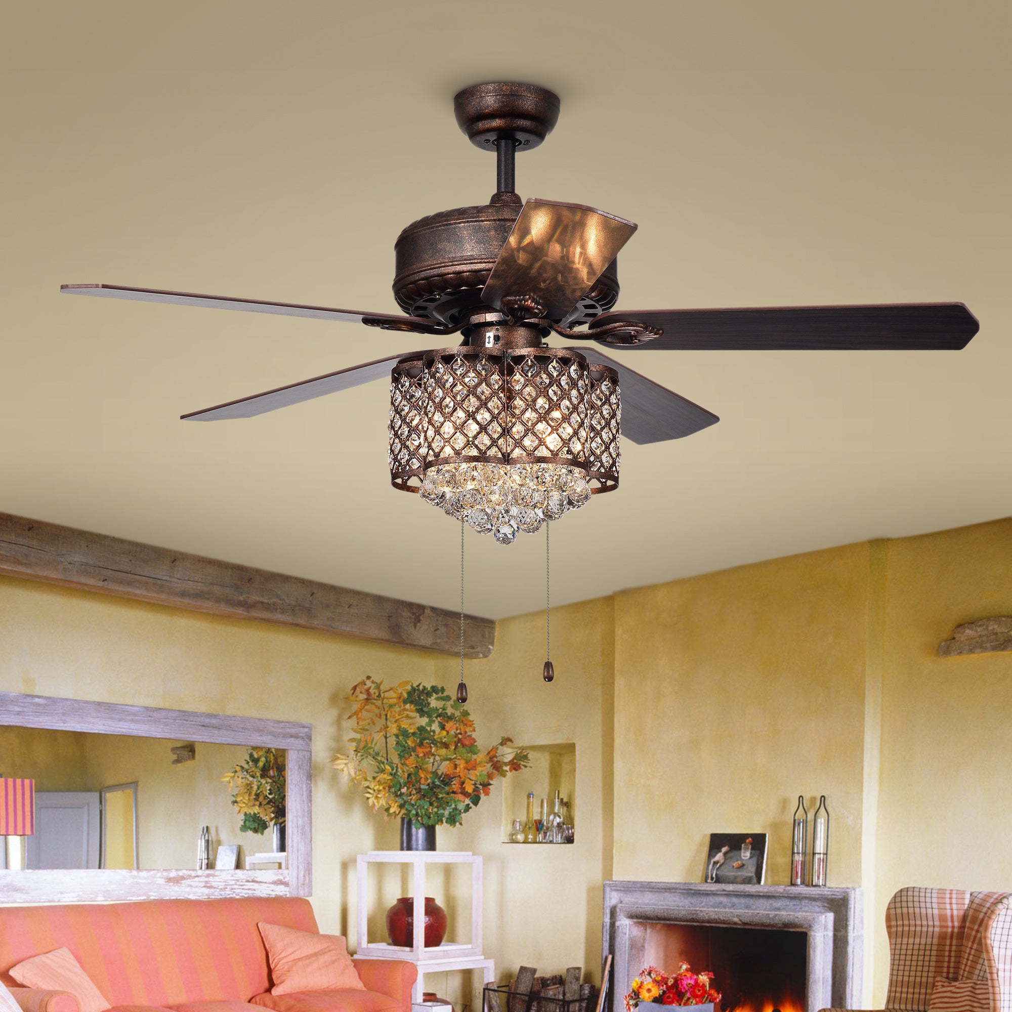 Pshita 3-light Crystal 5-blade 52-inch Rustic Bronze Ceiling Fan