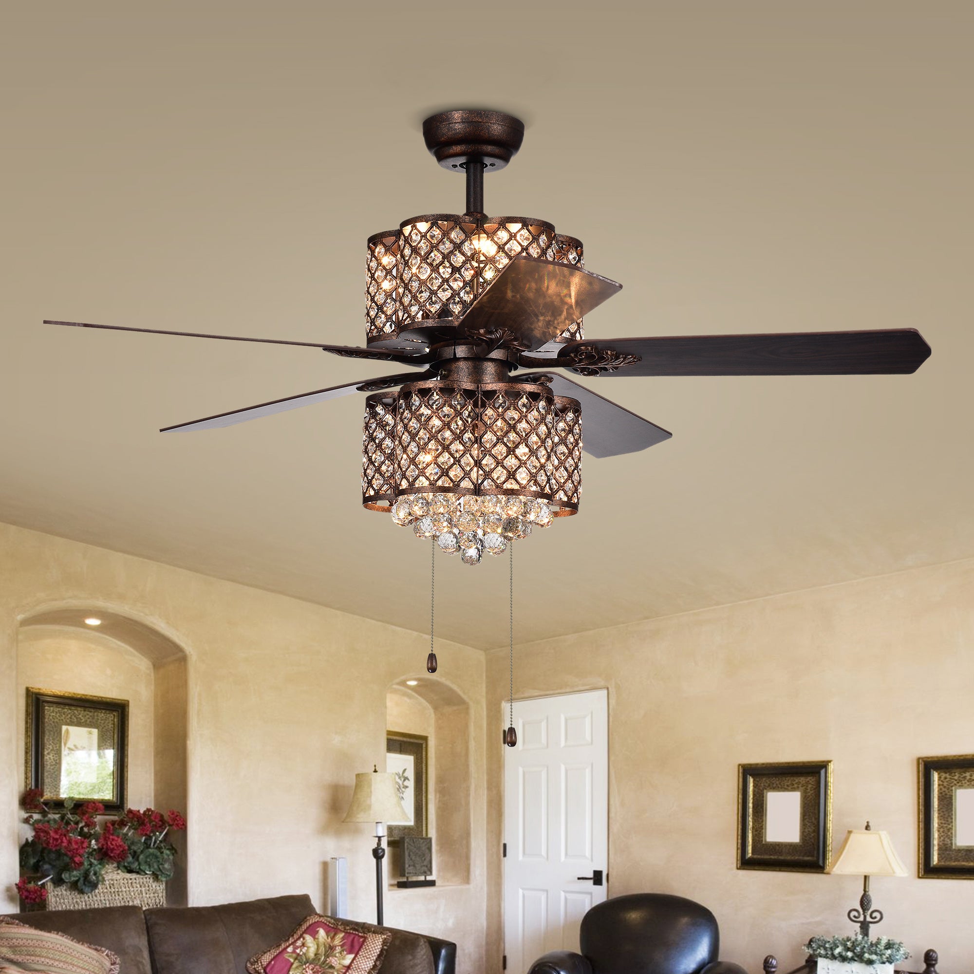 Quincy 6-light Crystal 5-blade 52-inch Rustic Bronze Ceiling Fan