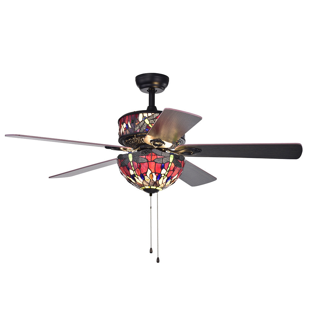 Jalev 6-Light Dragonfly Tiffany 5-Blade 52-Inch Matte Black Ceiling Fan