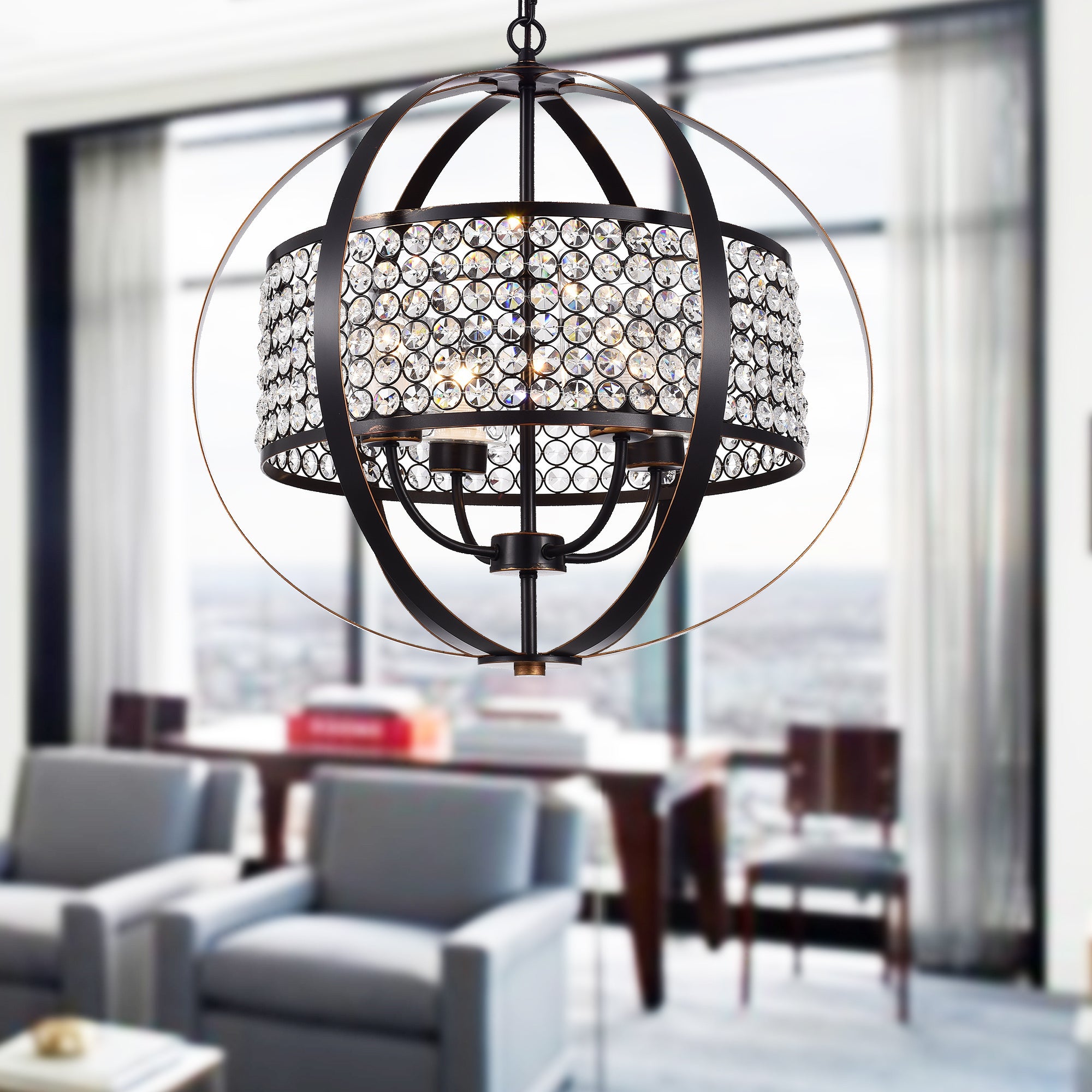 Elizabeth Oil Rubbed Bronze 4-Light Globe Pendant with Crystal Shade