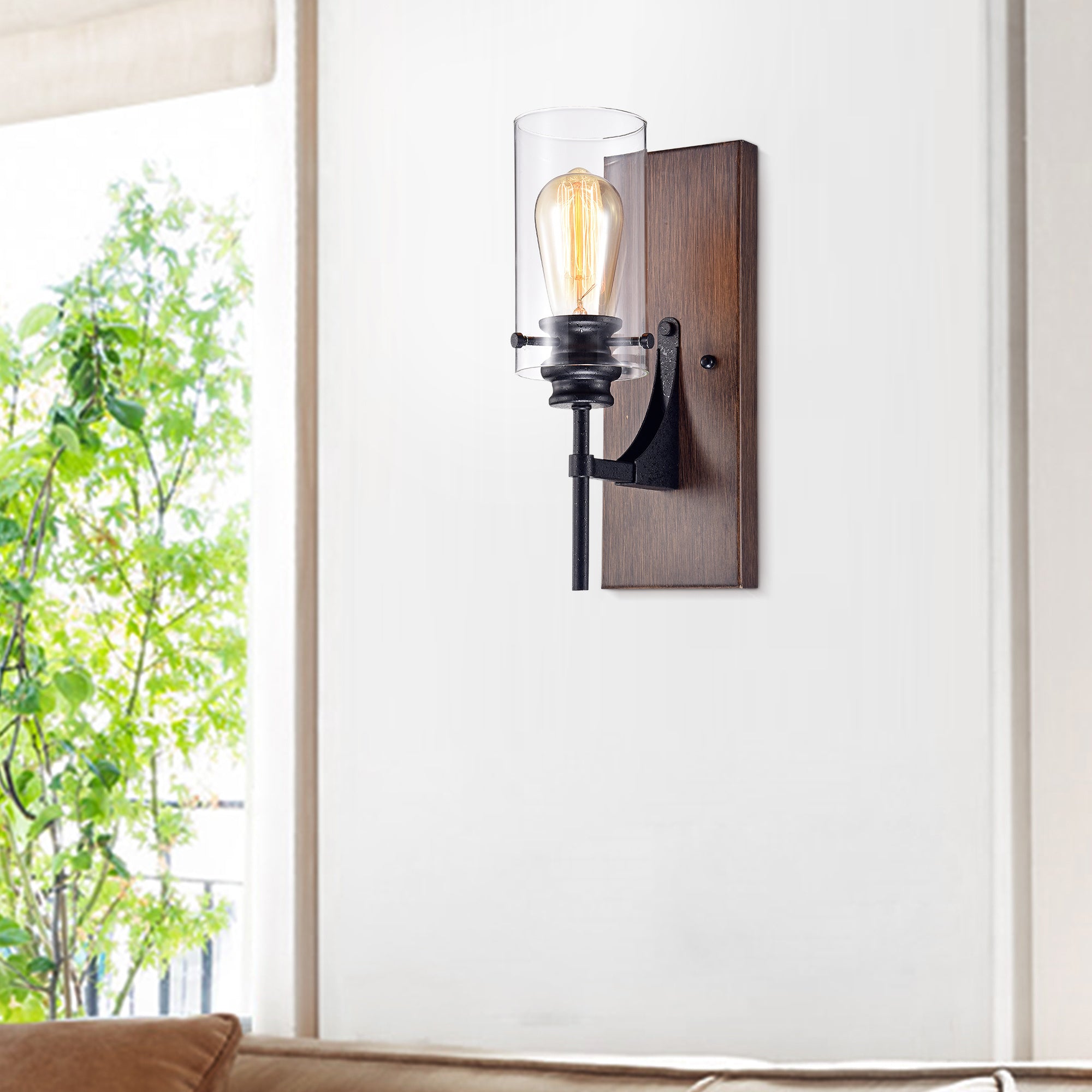 Stravo 1-light Black and Faux Wood Finish Metal Wall Sconce with Glass Cylinder Shade