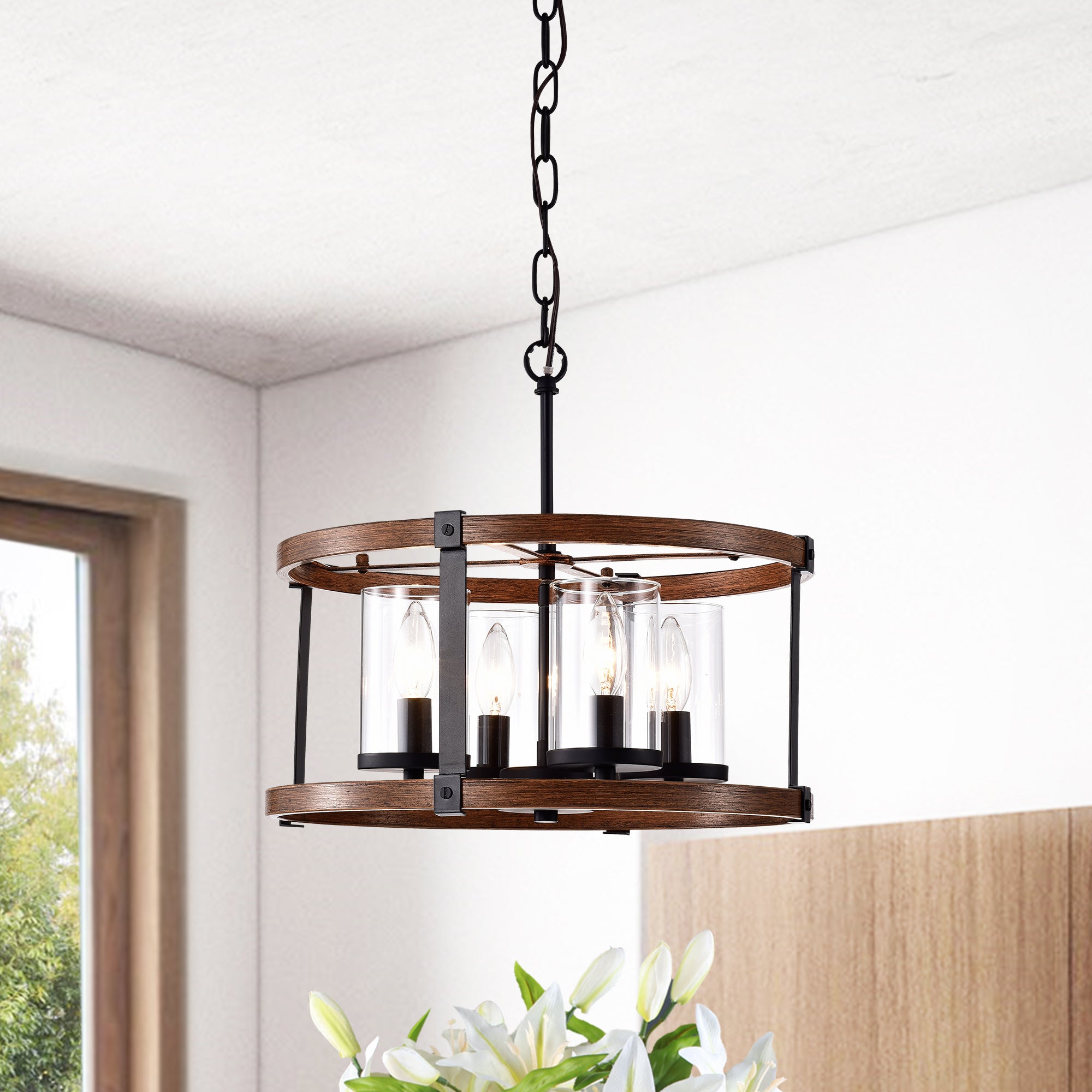 Akua Imitation Wood Grain/Matte Black 4-light Chandelier