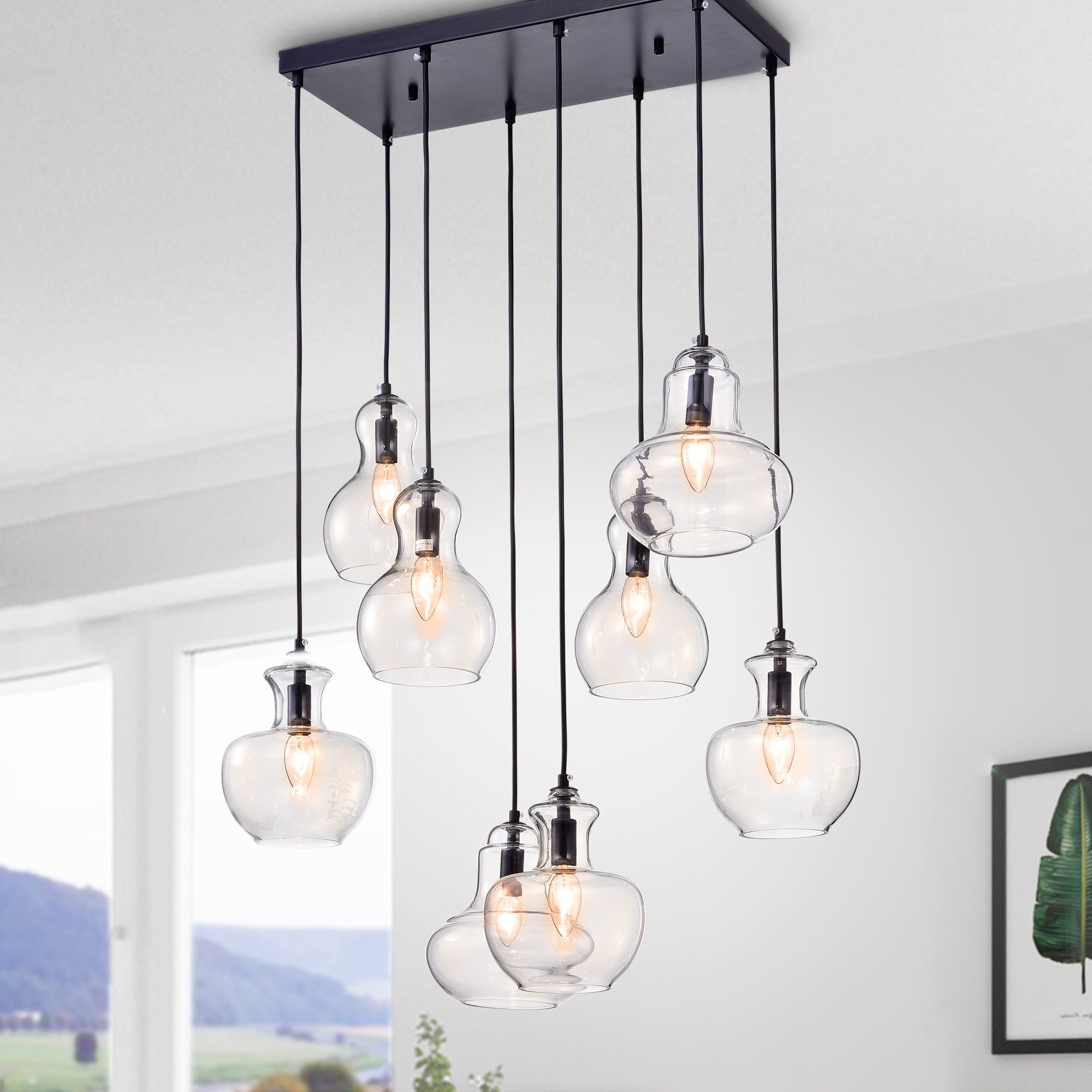 Warehouse Of Tiffany Beveen Black Metal and Glass Gourde 8-light Pendant