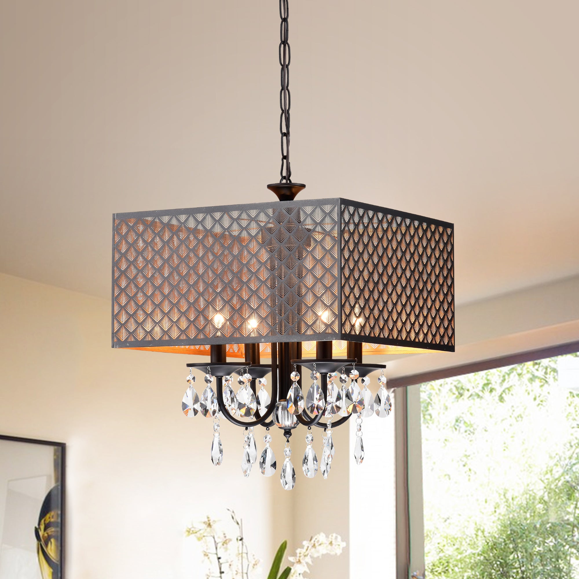 Aneji Matte Black/Gold 4-light Crystal Chandelier