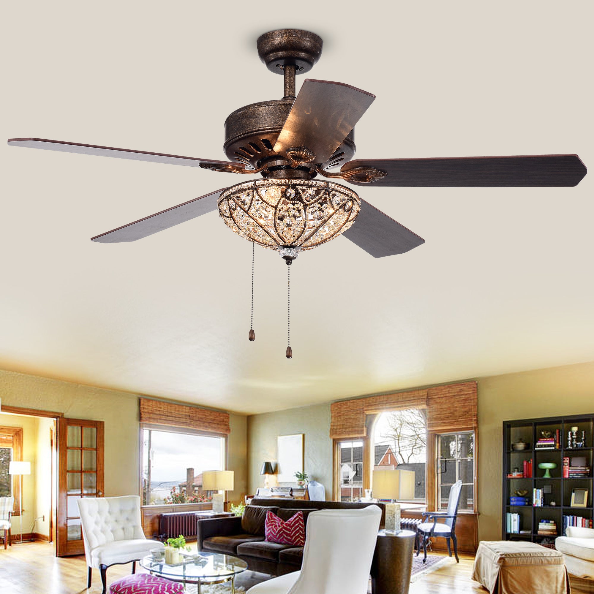 Gliska 52-Inch 5-Blade Rustic Bronze Lighted Ceiling Fans w Crystal Shade Optional Remote Control (incl 2 Color Option Blades)