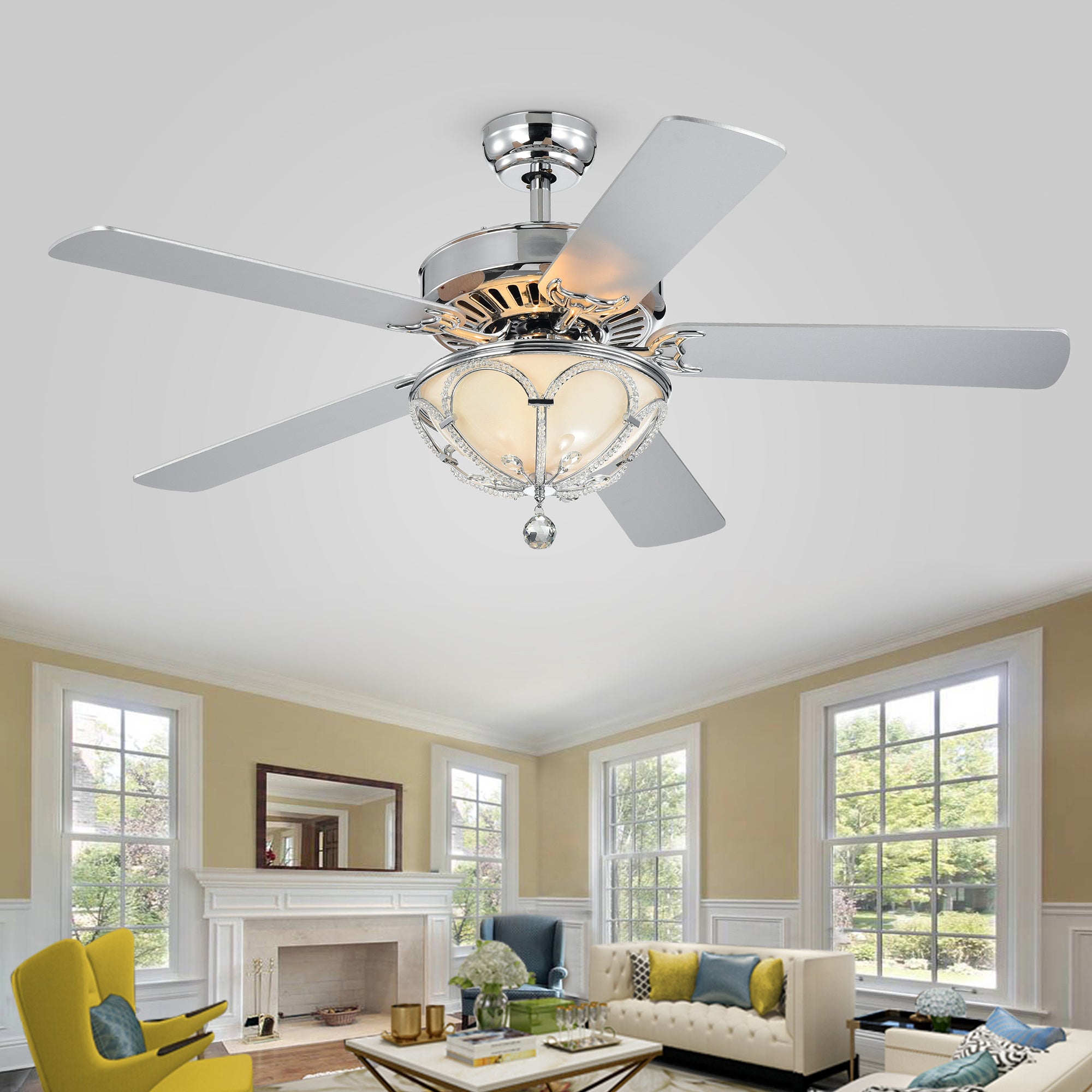 Bon Chrome 52-Inch 5-Blade Lighted Ceiling Fan w/ Bowl Frosted Glass Shade