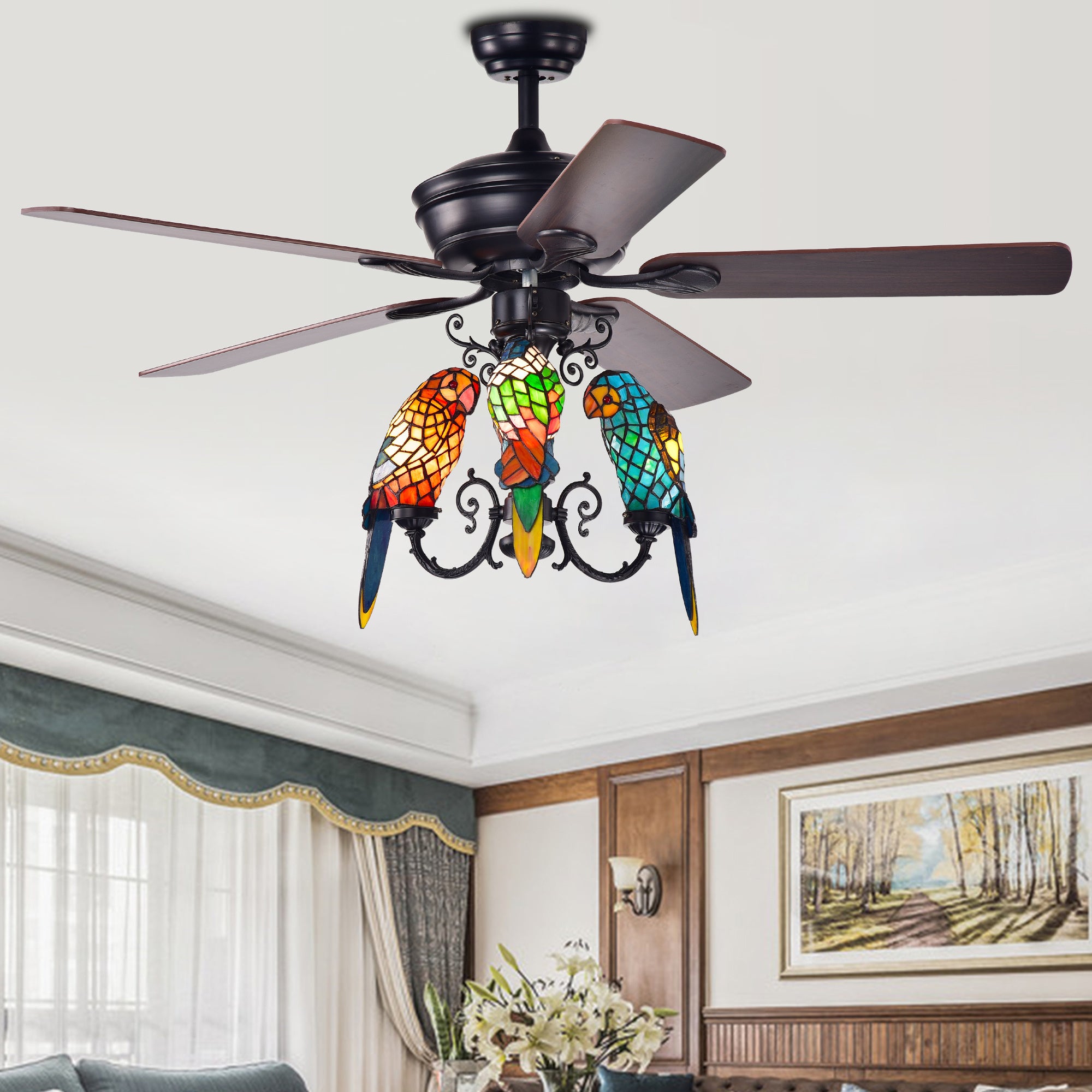 Korubo 3-light 52-inch Lighted Ceiling Fan Tiffany Style Parrot Shades