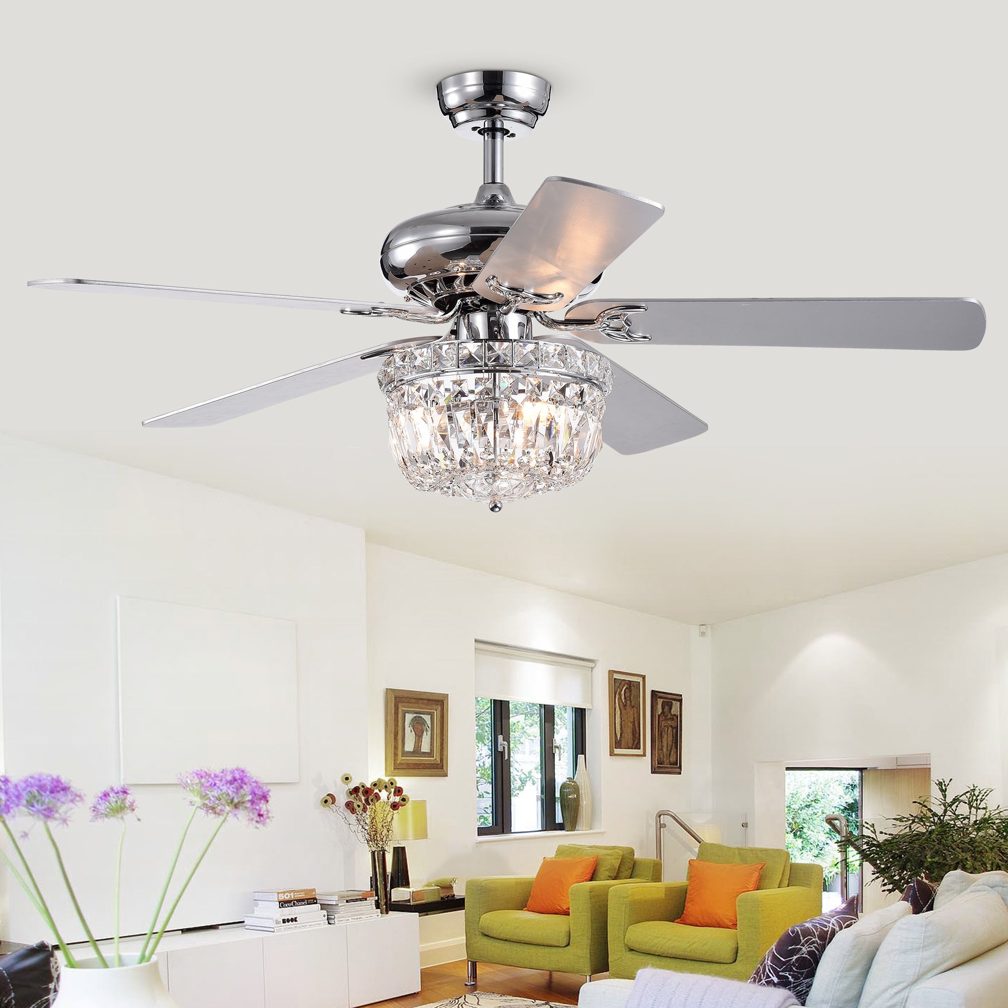 Fengren 52-inch Chrome Lighted Ceiling Fan with Crystal Drum Shade Optional Remote (2 Color Blades)