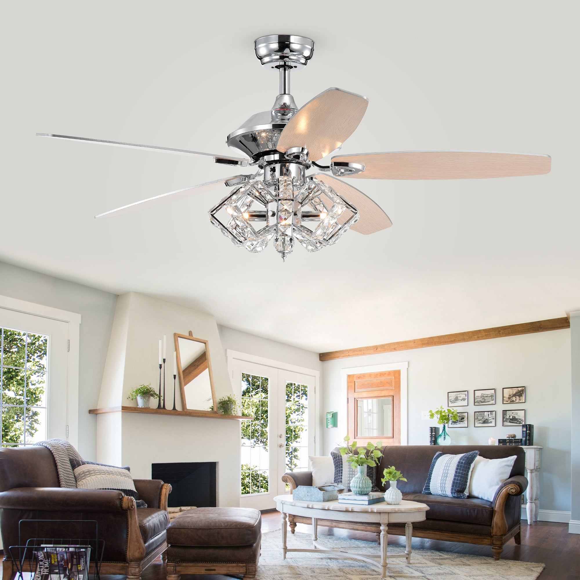 Magee Chrome 52-Inch 5-Blade Lighted Ceiling Fan w/ Pentagon Crystal Shade (Includes Remote)