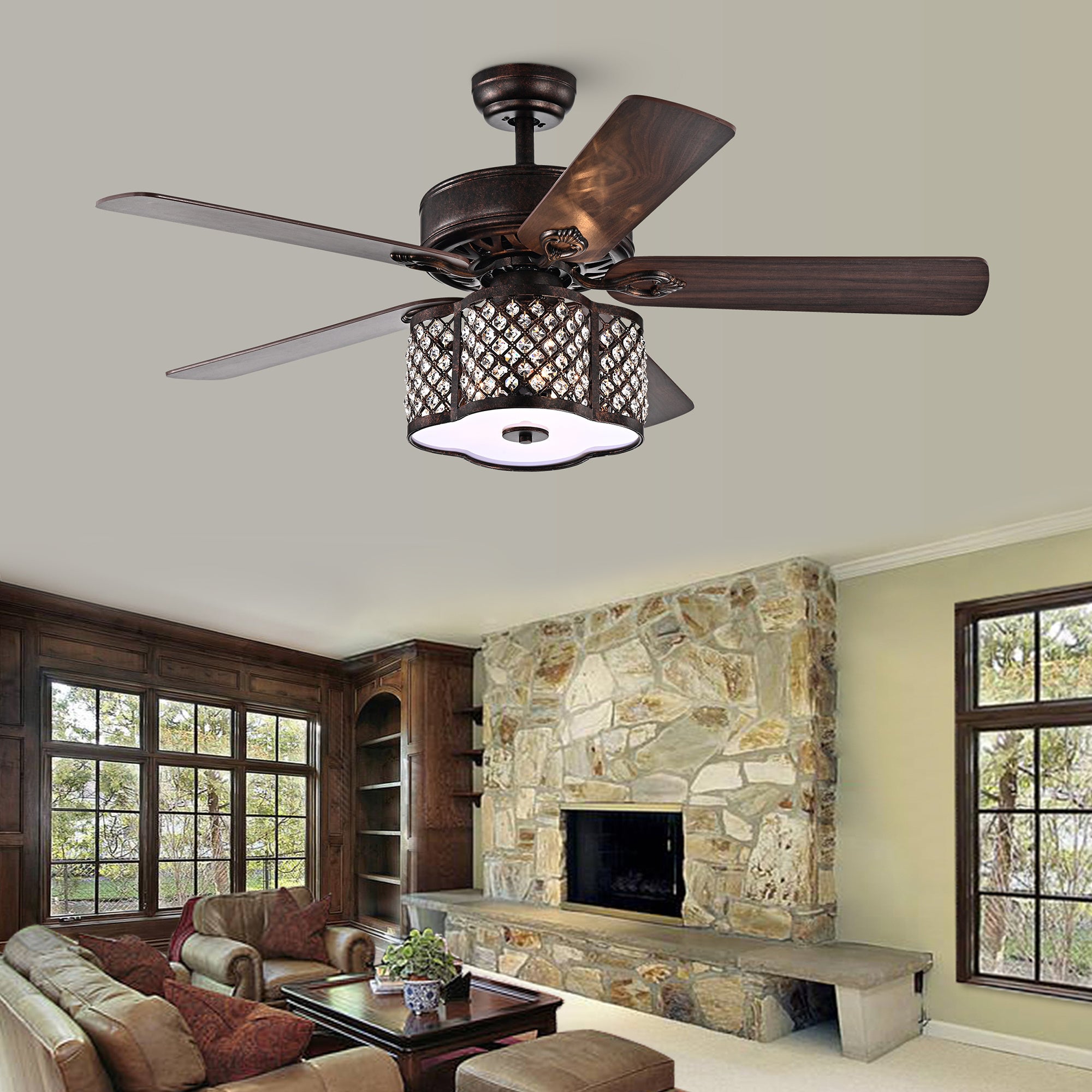 Edard Rustic Bronze 52-inch 5-Blade Ceiling Fan with 5-Light Crystal Caged Shade (Includes Remote)