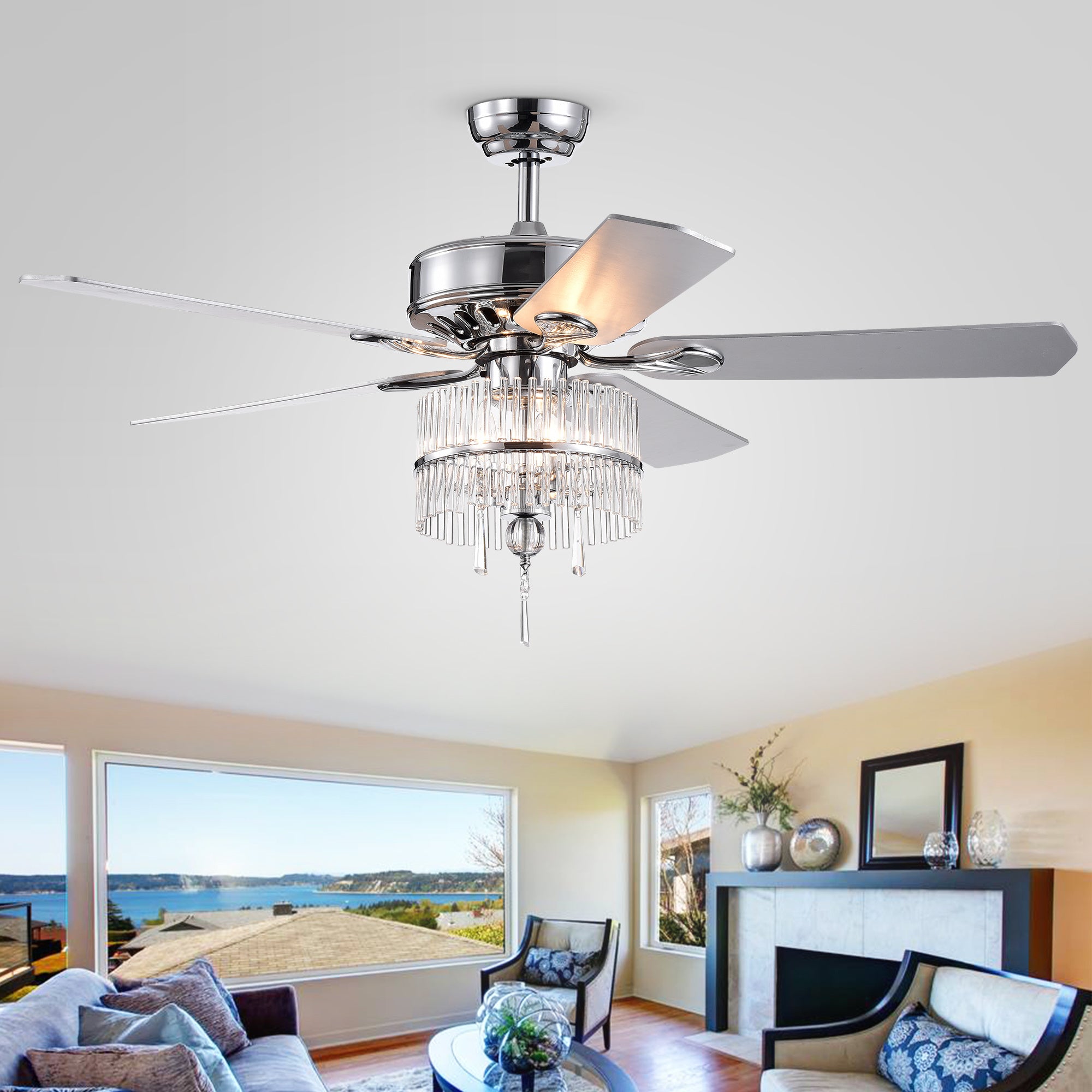 Wyllow DeBase 52-Inch 5-Blade Chrome Lighted Ceiling Fans with Crystal Flutes Shade (Remote Controlled & 2 Color Option Blades)