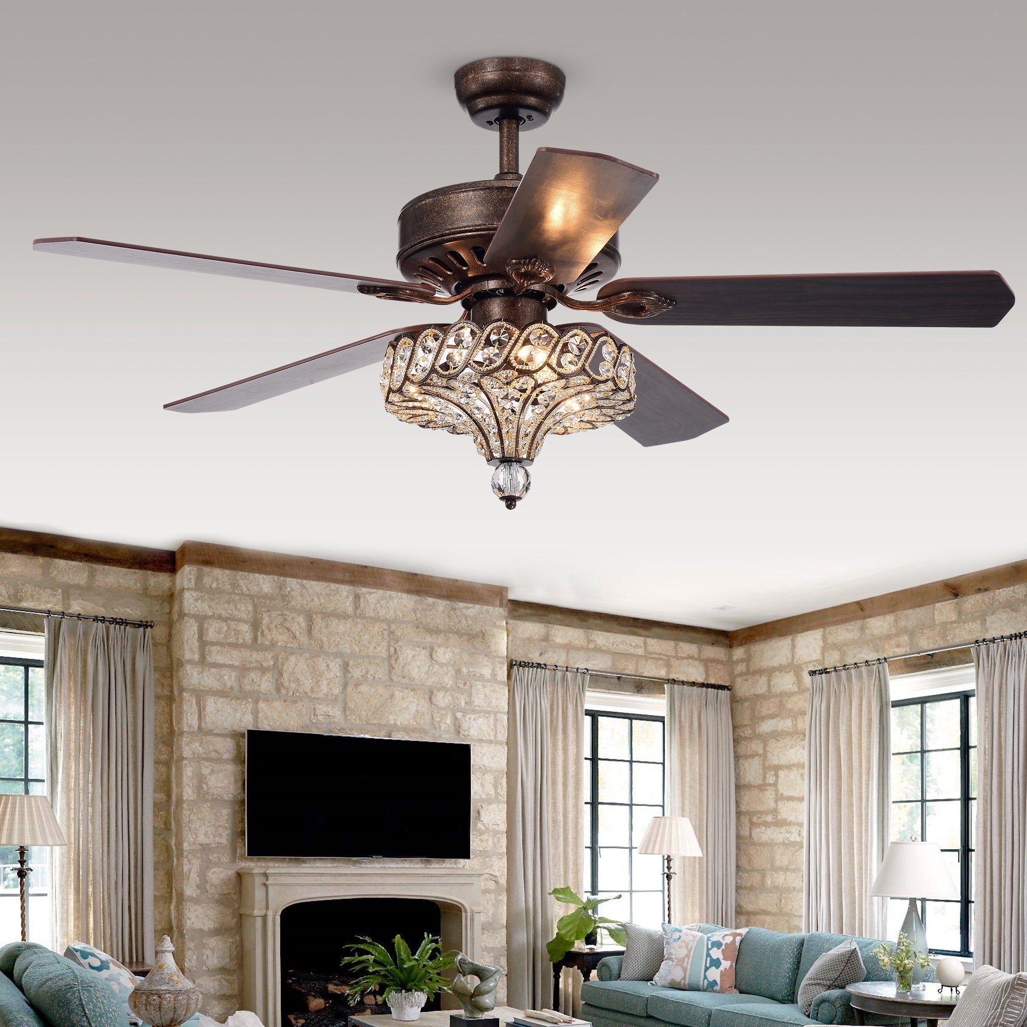 Pilette 5-Blade Antique Speckled Bronze Lighted Ceiling Fan w Crystal Shade Optional Remote Control (incl 2 Color Choice Blades)