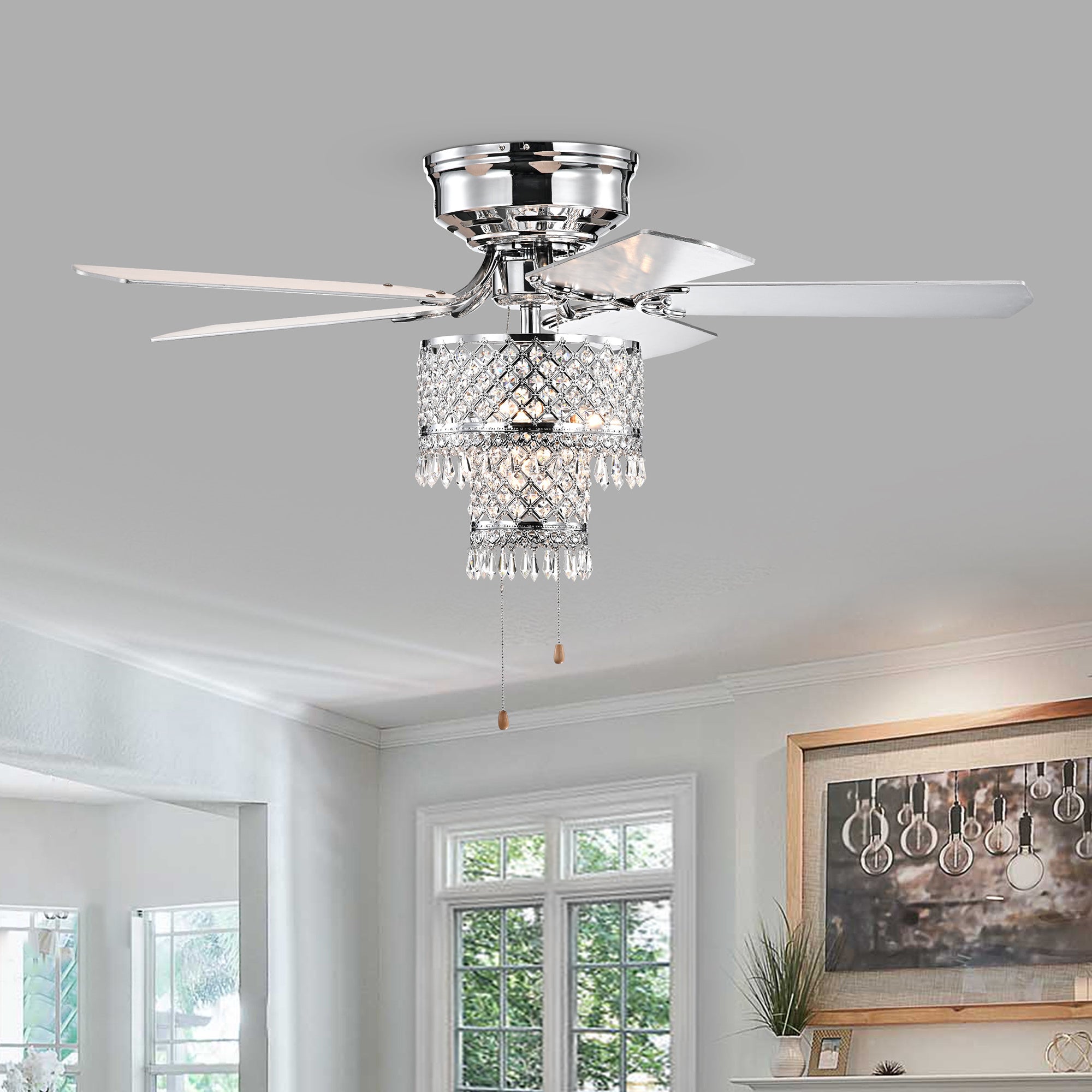 Jemar Chrome 52 inch 5 Blade Lighted Flush Mount Ceiling Fan with Metal Drum Shade (Pull Chain)