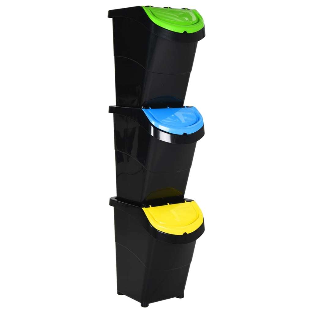 Stackable Waste Bins with Lids 3 pcs Black PP 31.7 gal