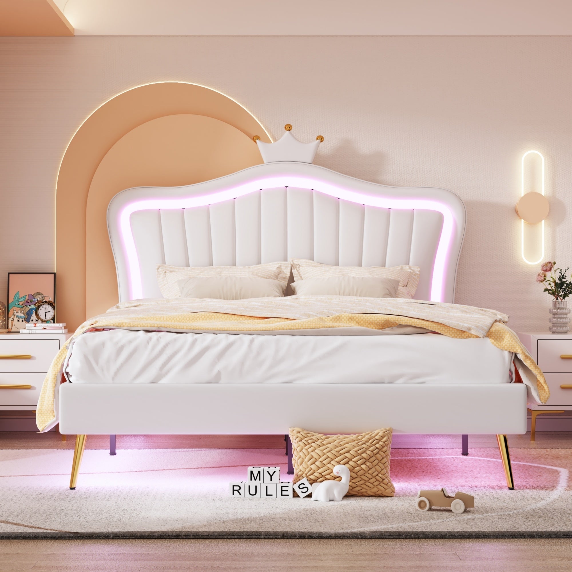 Queen Size Upholstered Bed Frame with LED Lights,Modern Upholstered Princess Bed With Crown Headboard,White