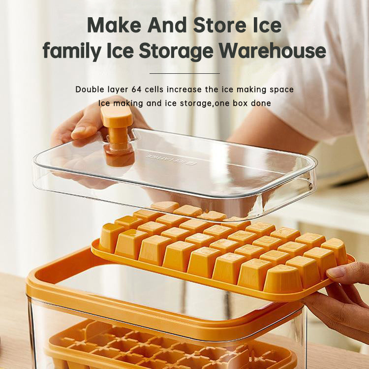 Ice Cube Tray With Lid And Bin, 64 Pcs Ice Cubes Molds, Ice Trays For Freezer, Ice Cube Tray Mold, With 2 Trays, Ice Freezer Container, Spill-Resistant Removable Lid & Ice Scoop, For Whiskey,Cocktail