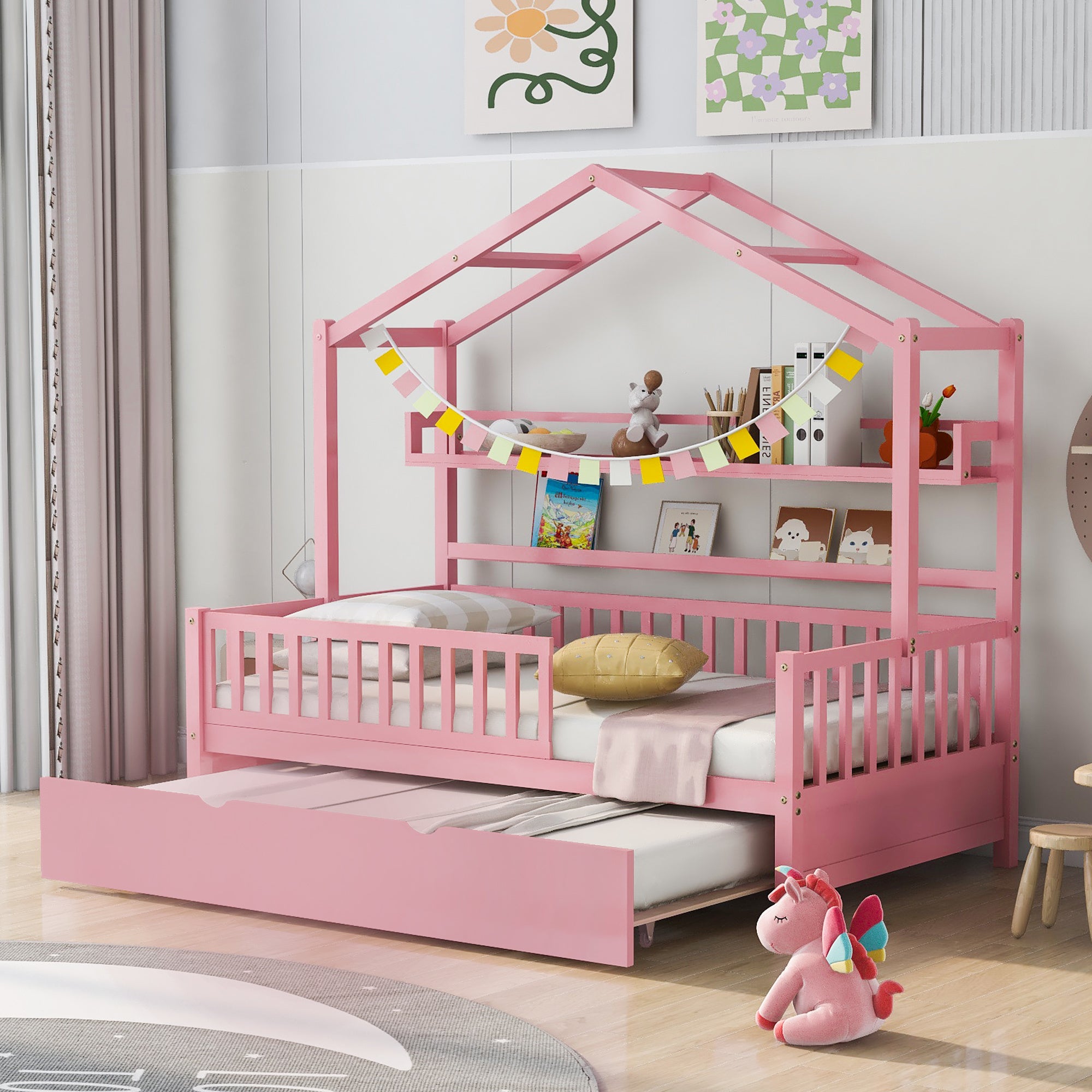 Wooden Twin Size House Bed with Trundle,Kids Bed with Shelf, Pink