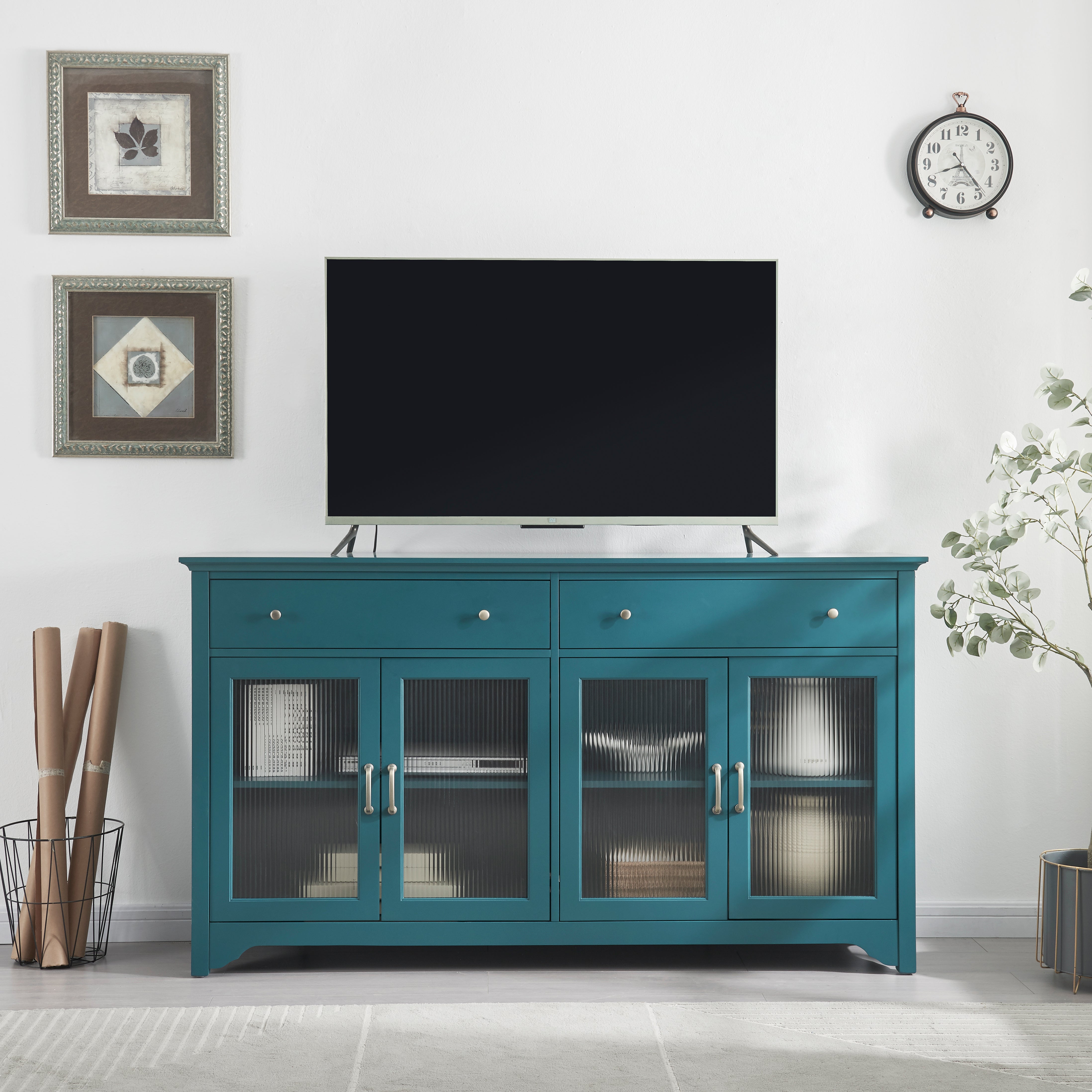 66" TV Console, Storage Buffet Cabinet, Sideboard with Glass Door and Adjustable Shelves, Console Table, Teal Blue