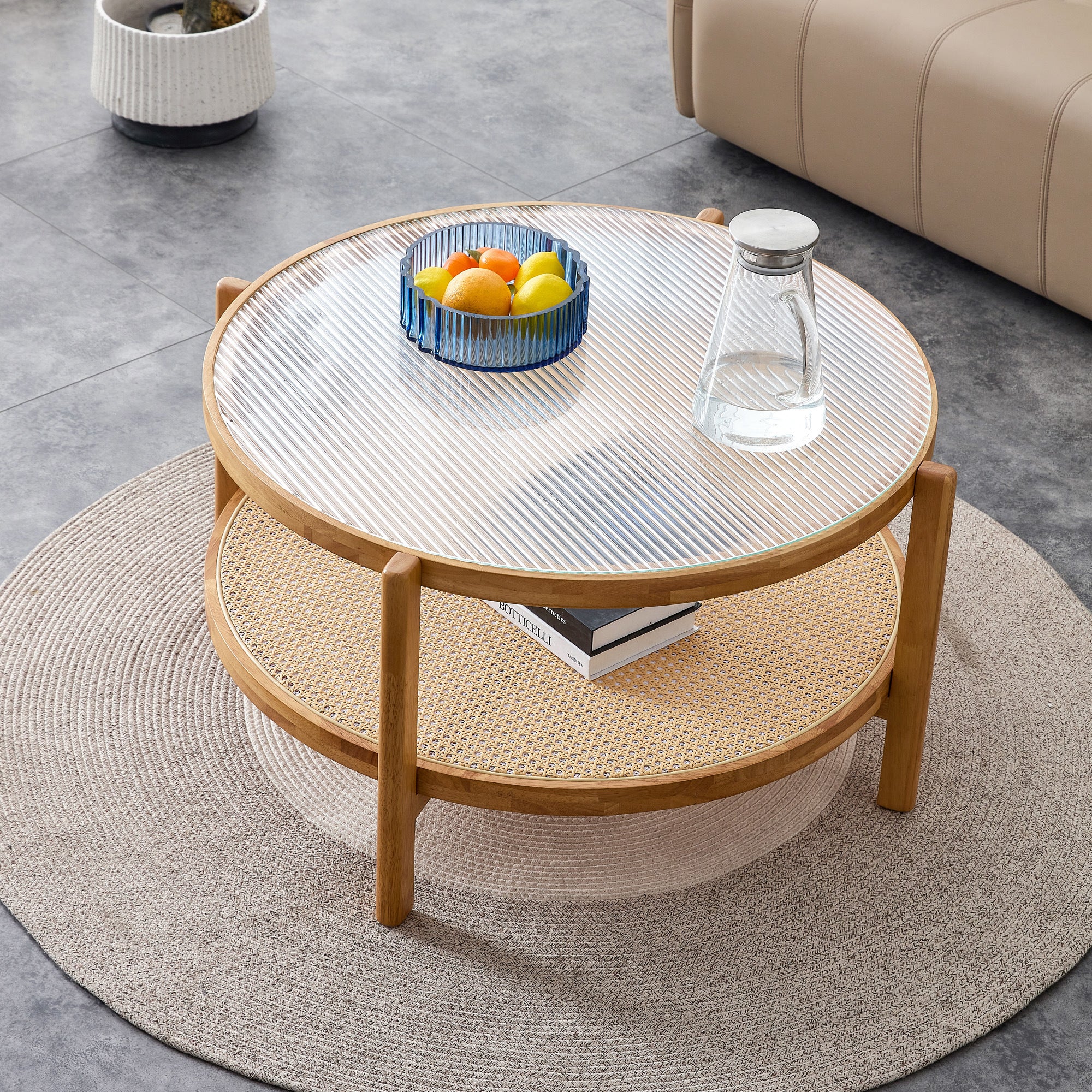 Modern simple circular double-layer solid wood tea table rattan woven Chinese side table small round table suitable for living room, dining room and bedroom