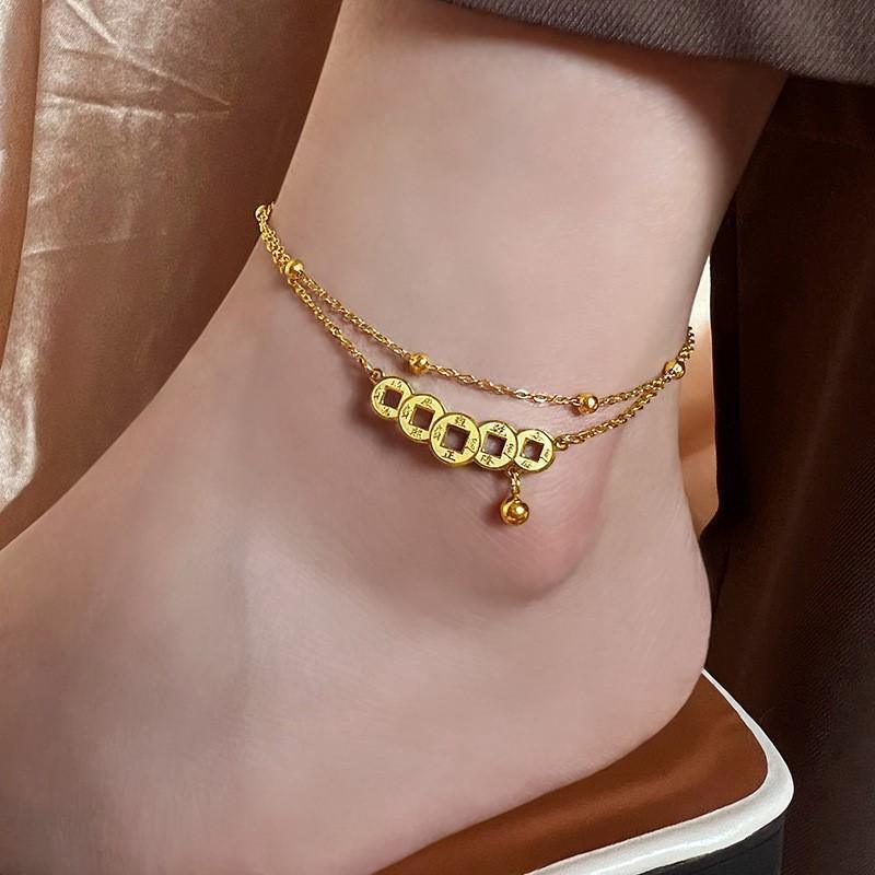 Vintage copper money 2023 new foot chain women's foot chain titanium steel does not lose color niche design bell ankle nude chain sexy