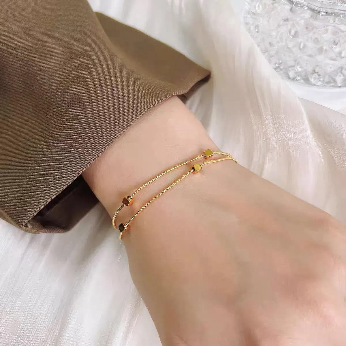 French sense of simplicity fashion small square titanium steel snake chain retro double bracelet titanium steel does not fall jewelry color wholesale