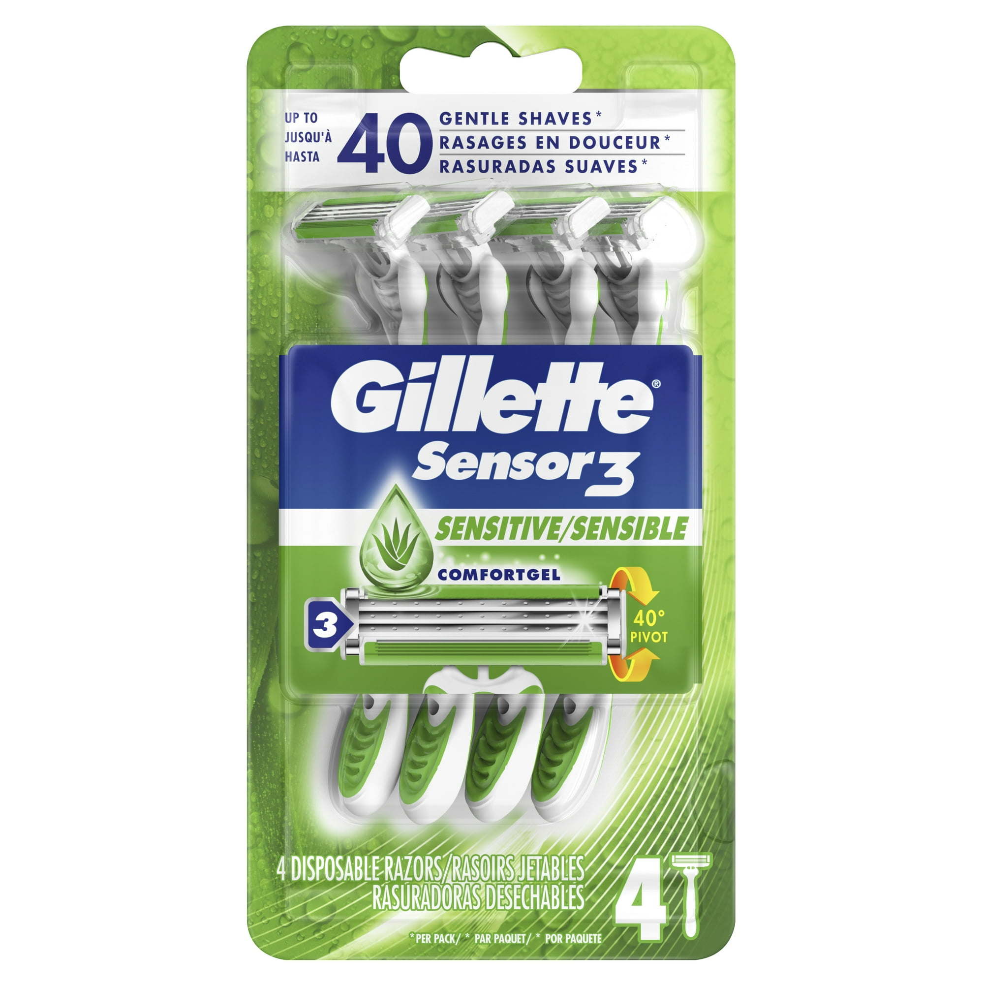 Gillette Sensor3 Sensitive Men's Disposable Razor, 4 Razors