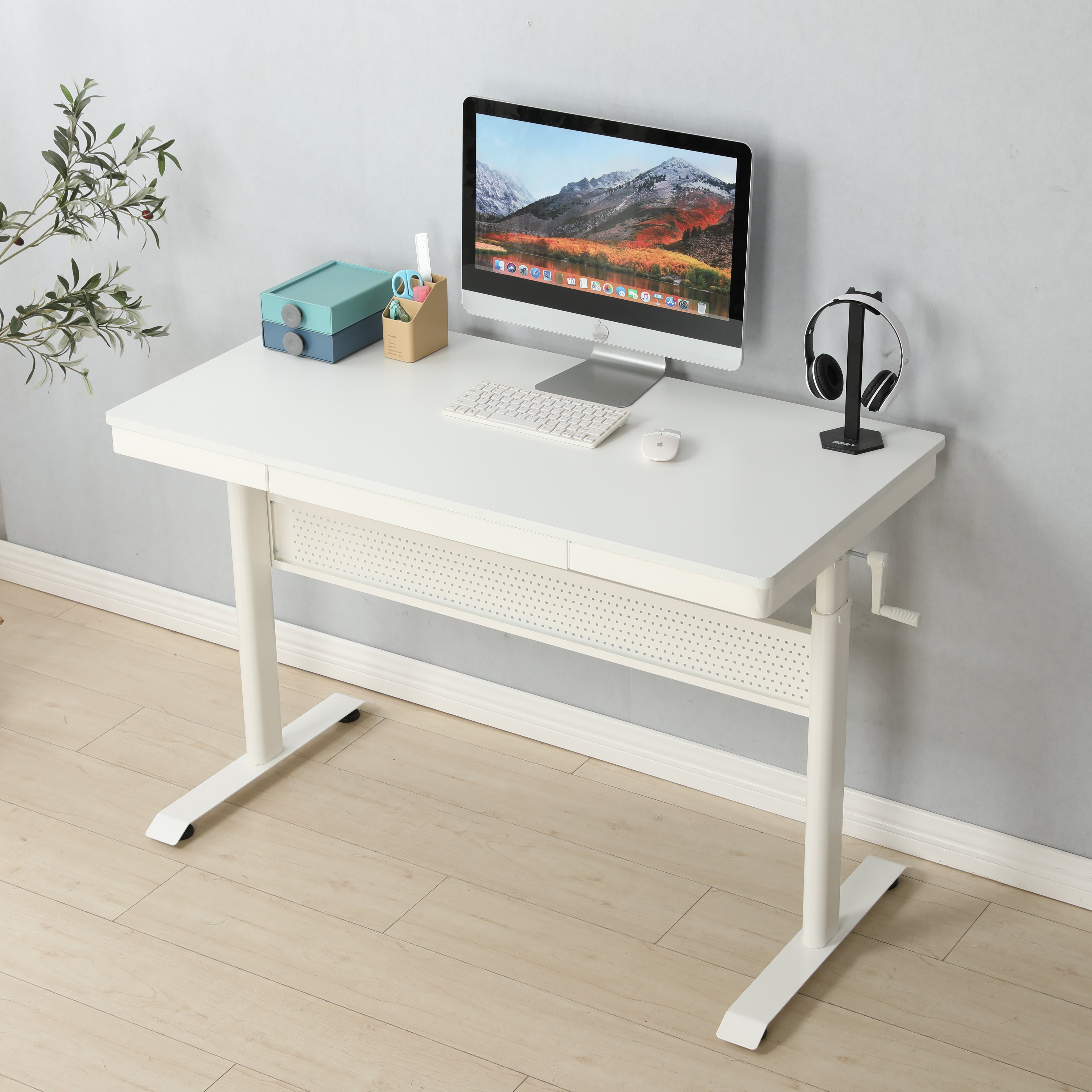 (White Tabletop) 48 x 24 InchesStanding Desk with Metal Drawer , Adjustable Height Stand up Desk, Sit Stand Home Office Desk, Ergonomic Workstation