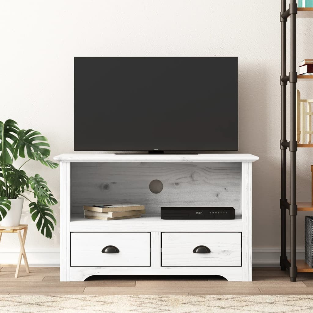 TV Stand with 2 Drawers BODO White 35.8"x16.9"x22" Solid Wood Pine