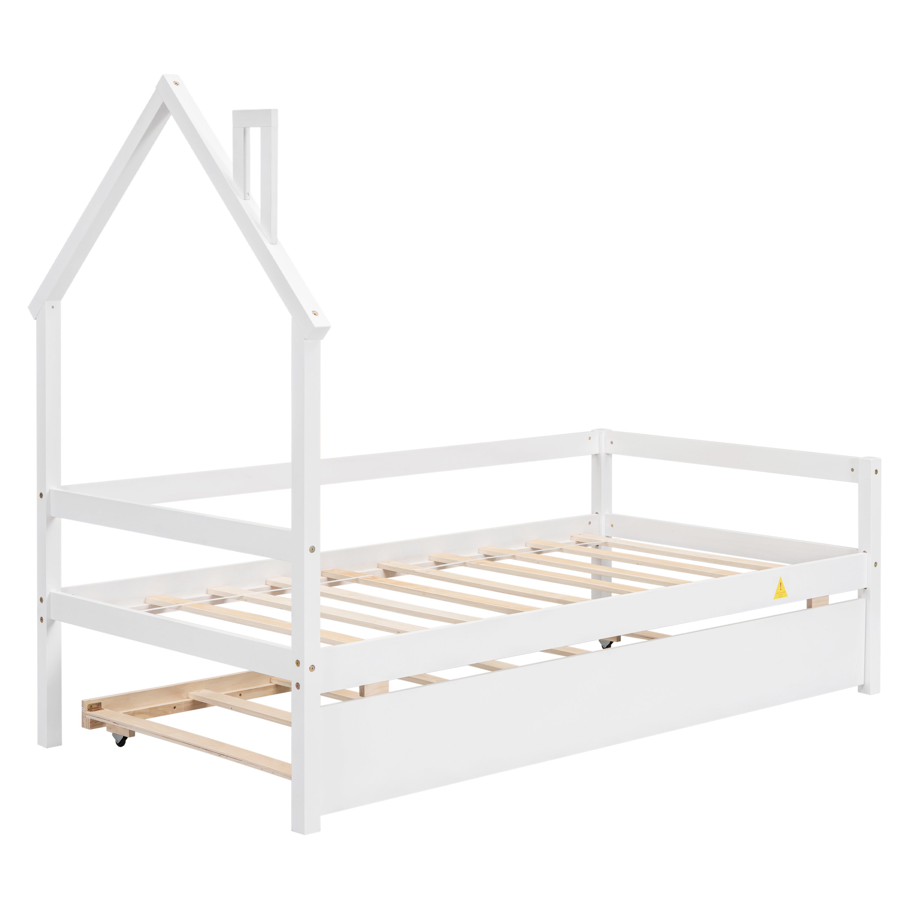 Twin House Wooden Daybed with trundle, Twin House-Shaped Headboard bed with Guardrails,White