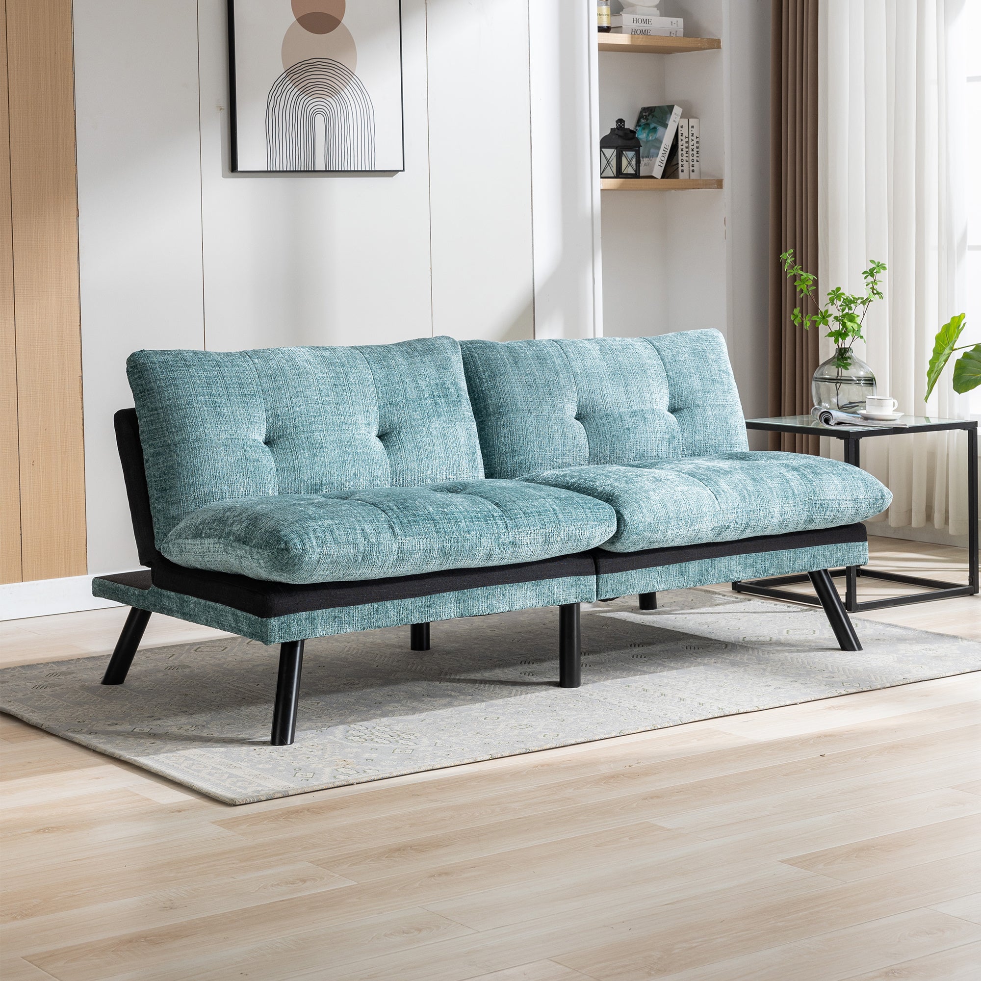 Convertible Sofa Bed Loveseat Futon Bed Breathable Adjustable Lounge Couch with Metal Legs,Futon Sets for Compact Living Space Chenille- Mint Green