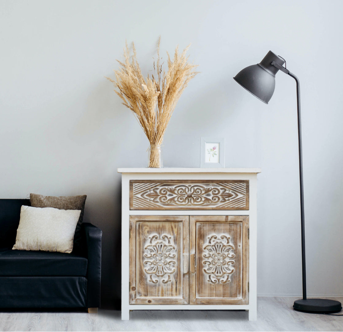 Weathered Wood Cabinet with 1 Drawer and 2 Doors Vintage Accent Storage Cabinet for Entryway, Living Room