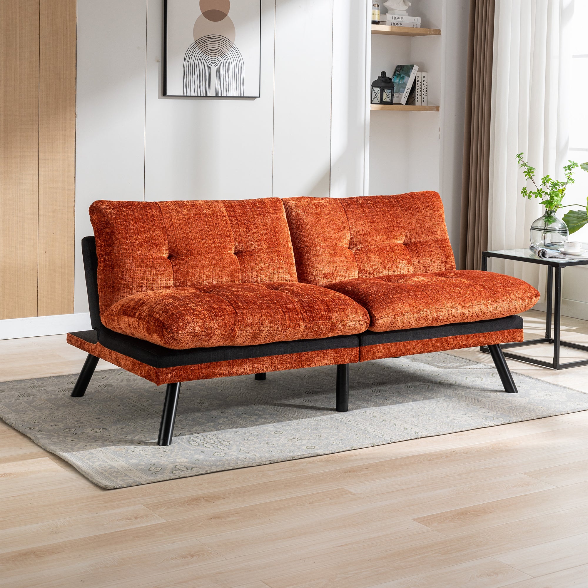 Convertible Sofa Bed Loveseat Futon Bed Breathable Adjustable Lounge Couch with Metal Legs,Futon Sets for Compact Living Space Chenille- Orange