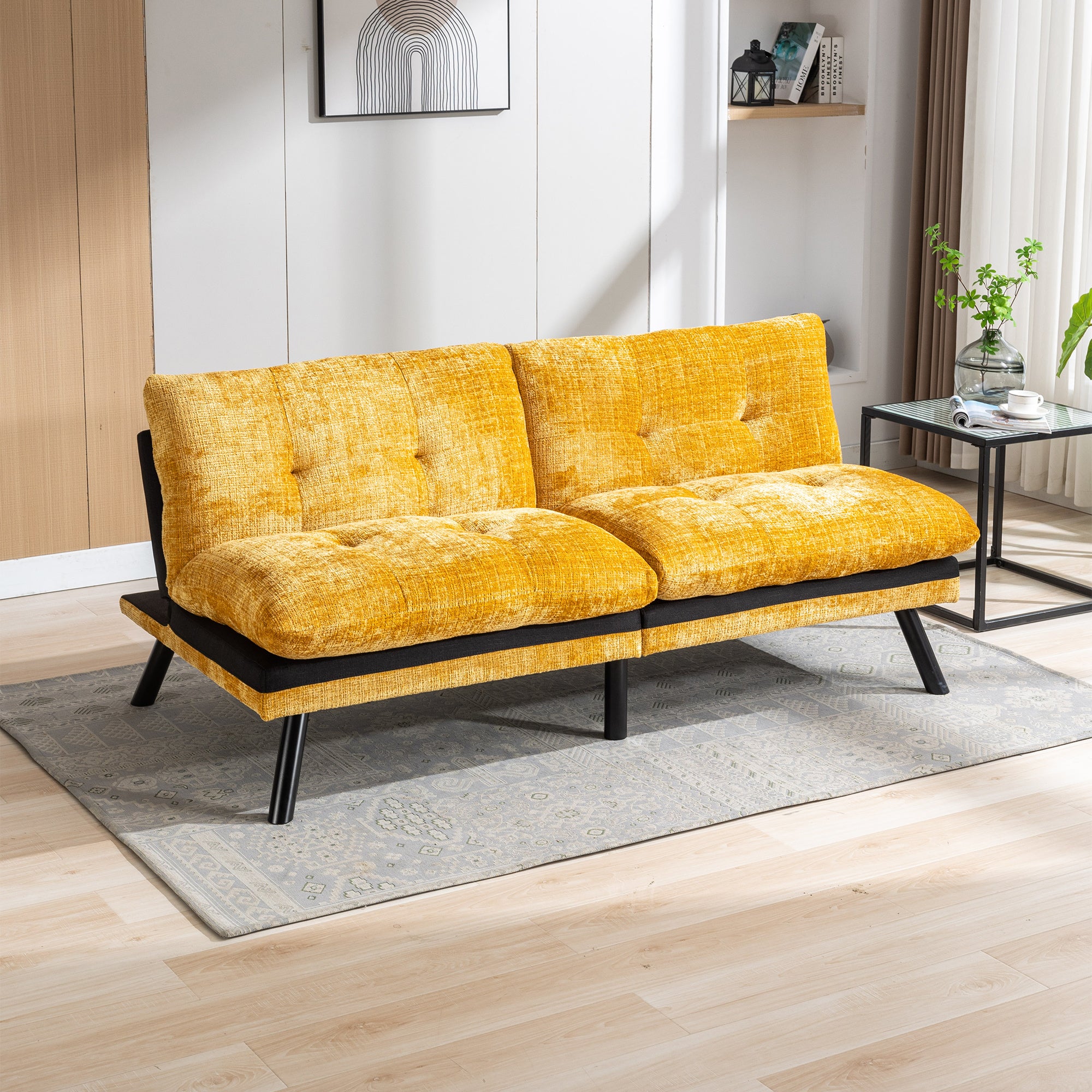 Convertible Sofa Bed Loveseat Futon Bed Breathable Adjustable Lounge Couch with Metal Legs,Futon Sets for Compact Living Space Chenille-Yellow