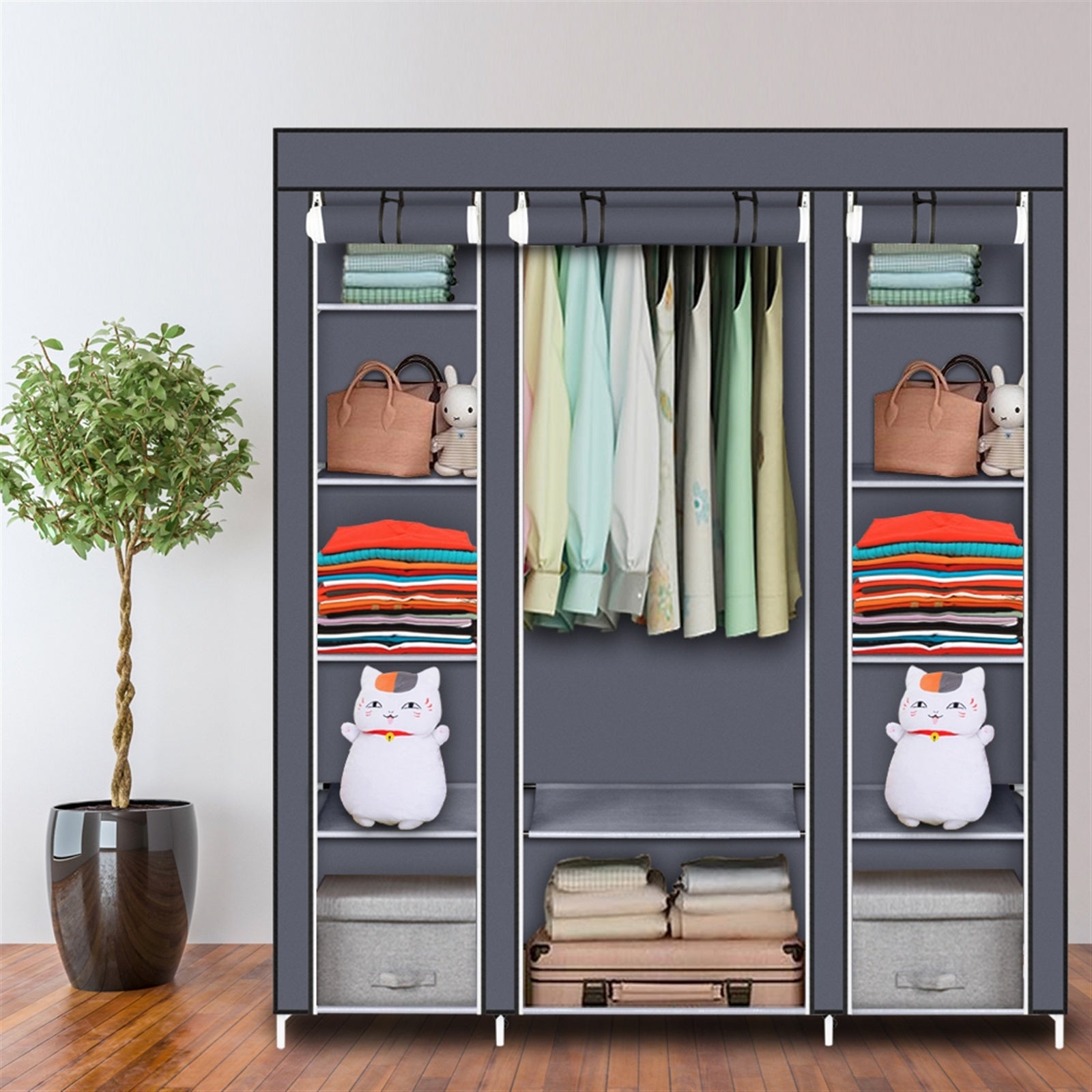 69" Portable Clothes Closet Wardrobe Storage Organizer with Non-Woven Fabric Quick and Easy to Assemble Extra Strong and Durable Gray