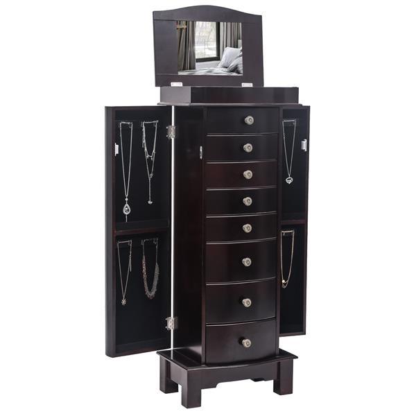 Jewelry Armoire with Mirror, 8 Drawers & 16 Necklace Hooks, 2 Side Swing Doors(Brown)