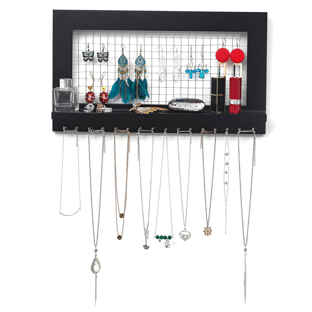 Jewelry Manager - Wall Mounted Jewelry Stand , Shelf And 16 Hooks - Perfect Earrings, Necklaces And Bracelet Stand - Black