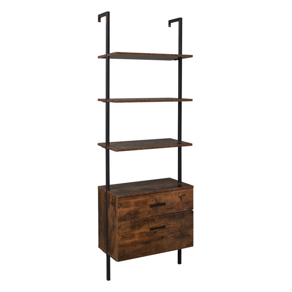 Industrial Bookshelf with Wood Drawers and Matte Steel Frame,Vintage/Black