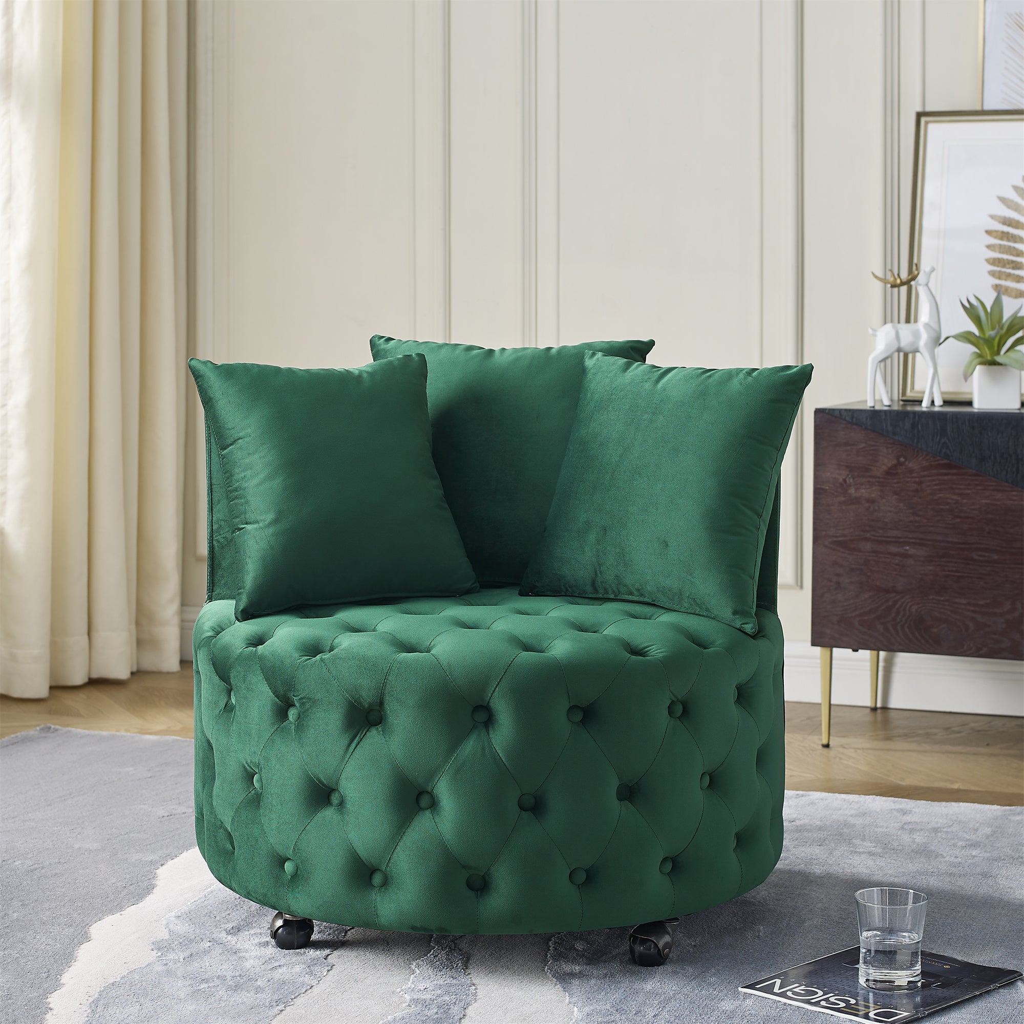 Velvet Upholstered Swivel Chair for Living Room, with Button Tufted Design and Movable Wheels, Including 3 Pillows, Green