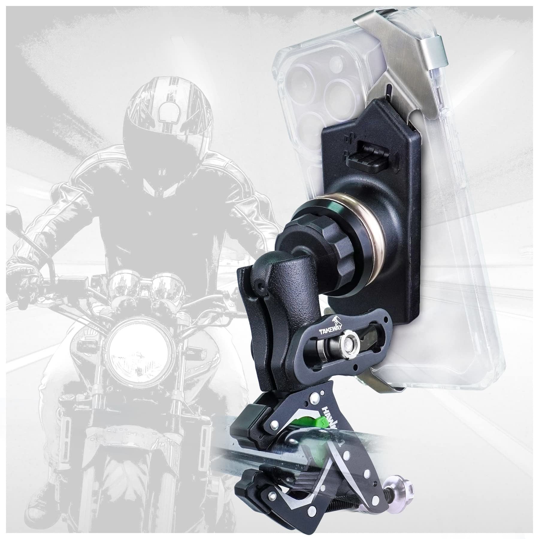 TAKEWAY Clampod HAWK1-PH05 Phone Mounts Holder, Motorcycle and Various Vehicles Handlebar Clamp Base, Adjustable, Stable, Double Socket Arm, Multi-Angle Vision Ideal for All iPhone, and Any Cell Phone