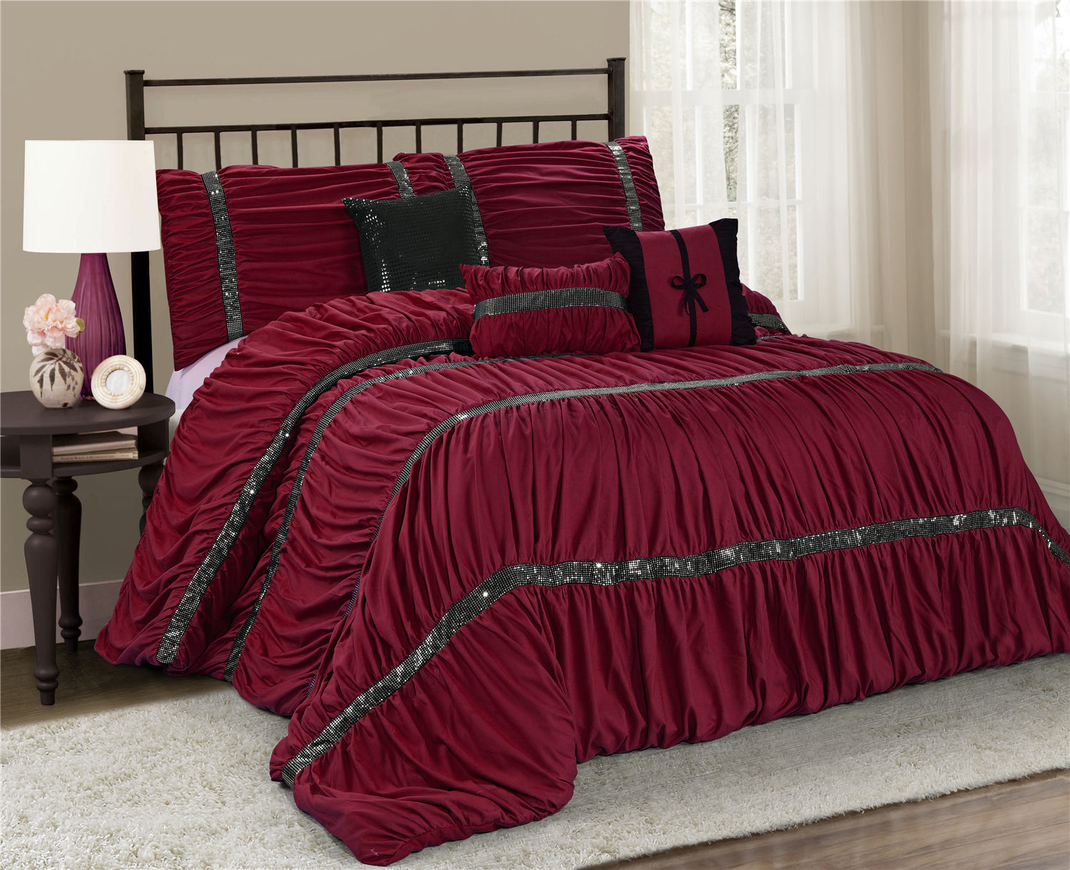 7 Piece Microfiber Ruffles Sequins Embroidery Bed In A Bag Comforter Set