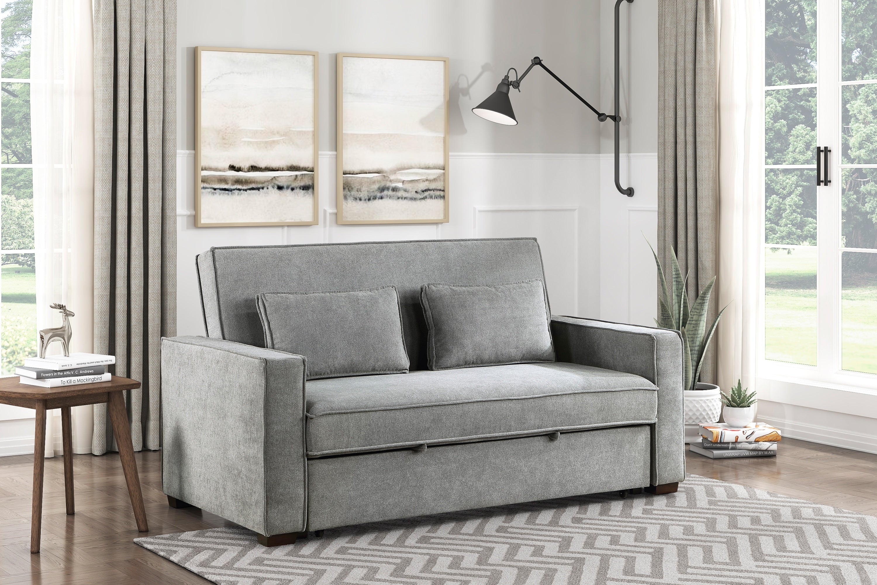 Modern Home Furniture Solid Wood Frame Sofa with Pull-Out Bed Gray Fabric Upholstered 2x Pillows Click-Clack Mechanism Back Living Rom Furniture