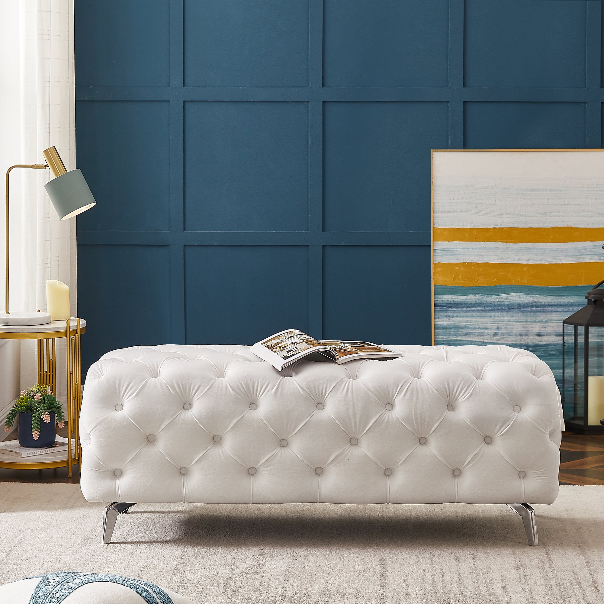 Button-Tufted Ottoman Bench, Upholstered Velvet Footrest Stool Accent Bench for Entryway Living Room Bedroom.