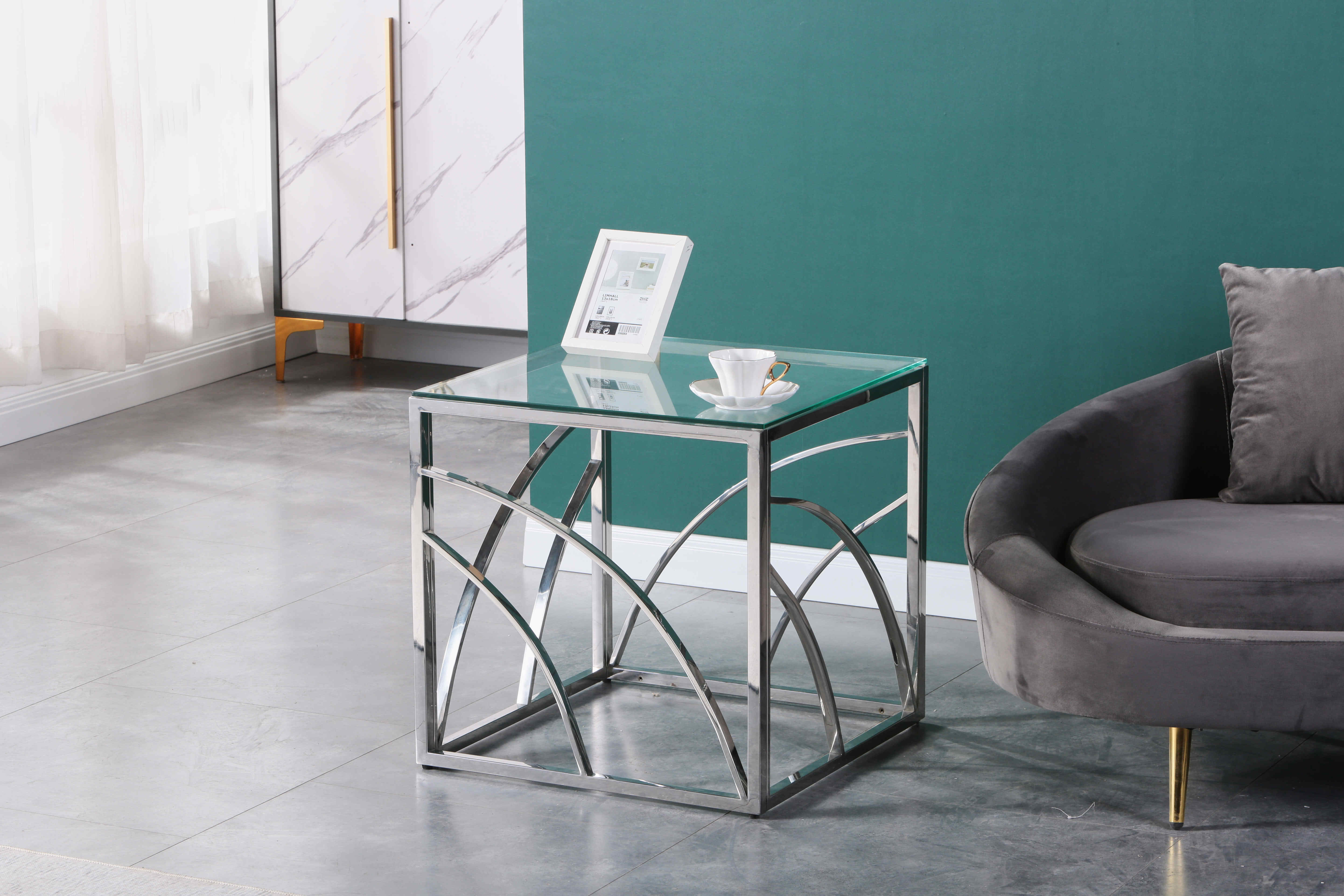 Modern Stainless Steel Cube Coffee Table with Tempered Glass Top - Silver Mirror Finish and Clear Glass