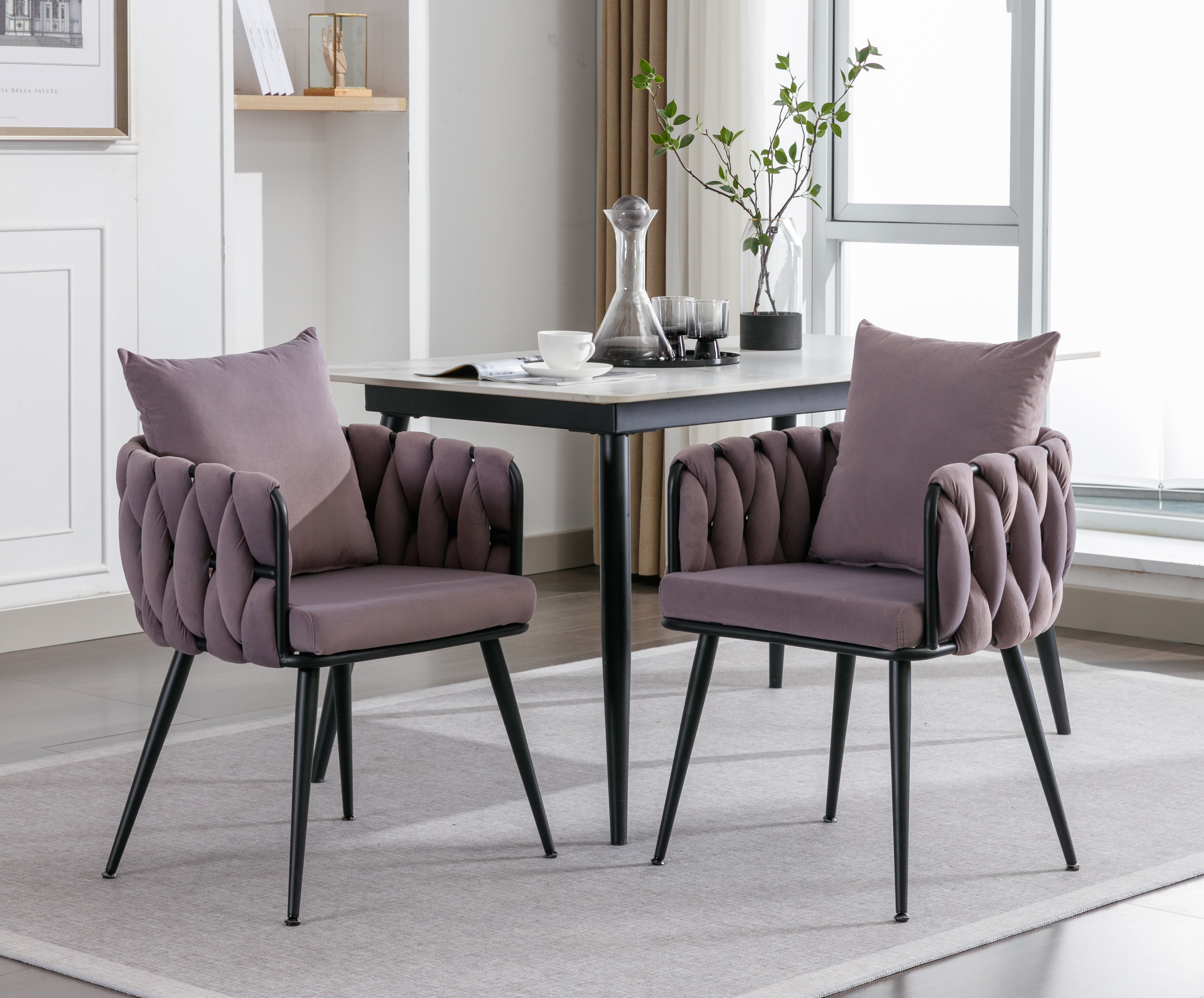 Pure Purple Modern Velvet Dining Chairs Set of 2 Hand Weaving Accent Chairs Living Room Chairs Upholstered Side Chair with Black Metal Legs for Dining Room Kitchen Vanity Living Room