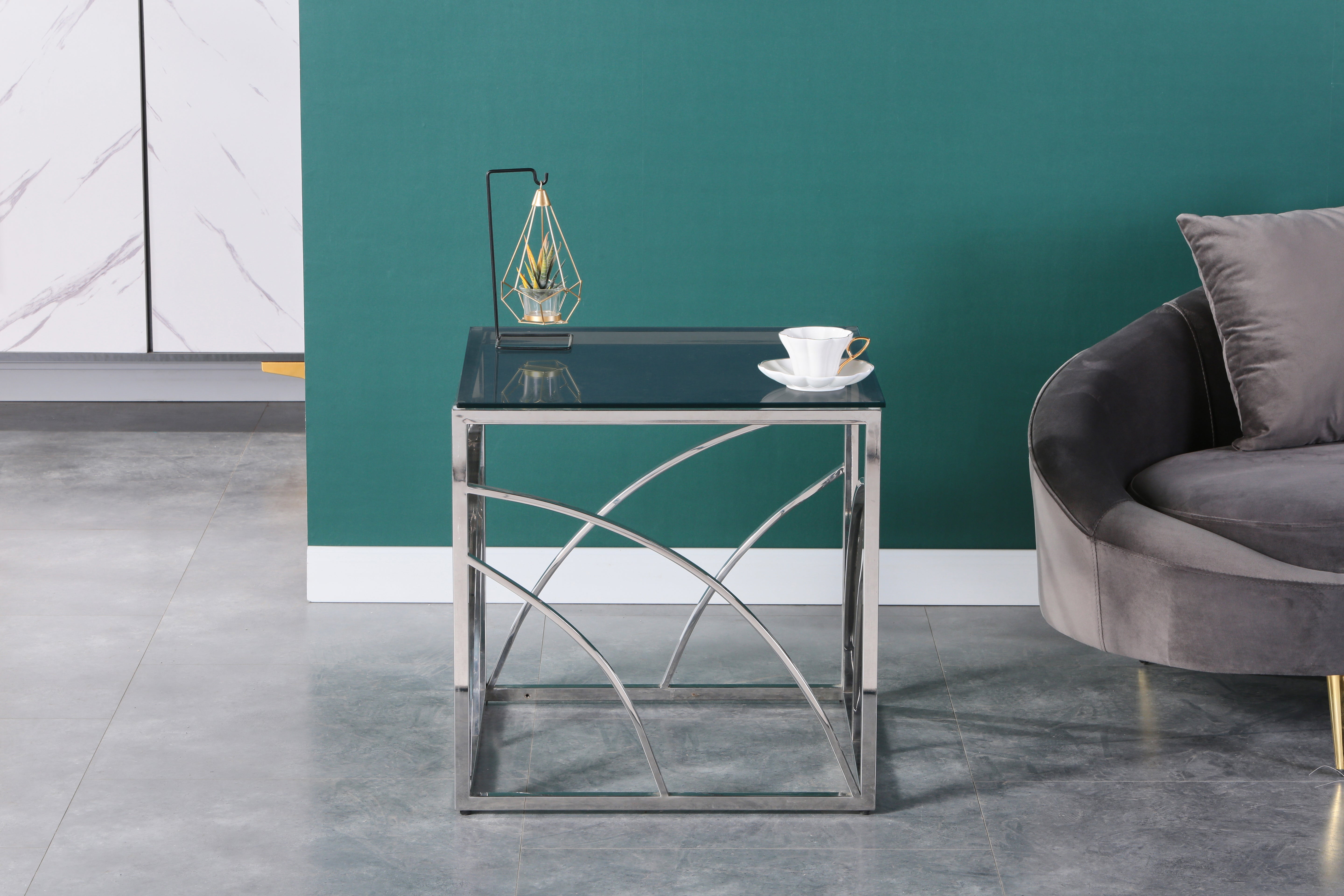 Modern Stainless Steel Cube Coffee Table with Tempered Glass Top - Silver Mirror Finish and Blue Star Gray Glass