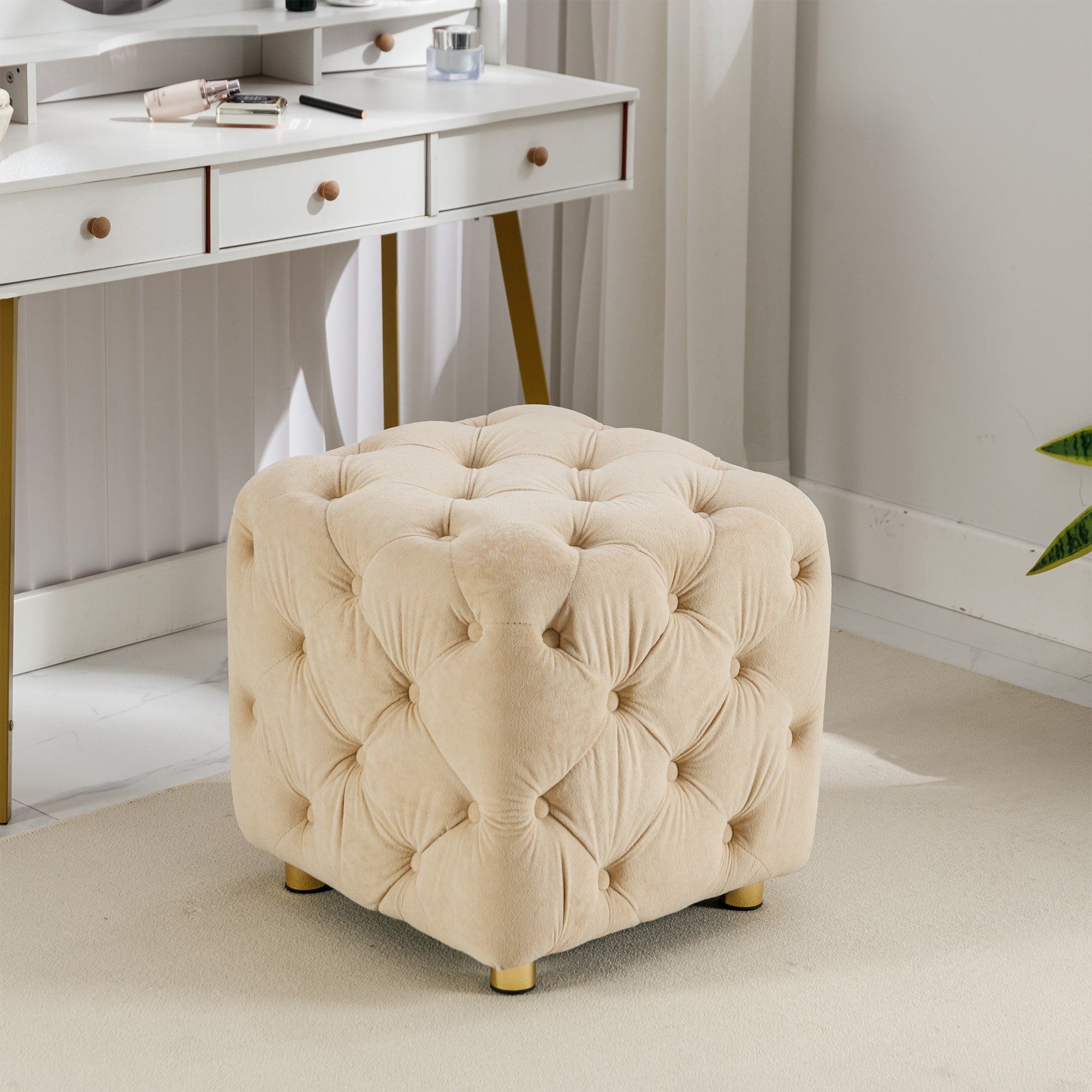 Beige Modern Velvet Upholstered Ottoman, Exquisite Small End Table, Soft Foot Stool,Dressing Makeup Chair, Comfortable Seat for Living Room, Bedroom, Entrance